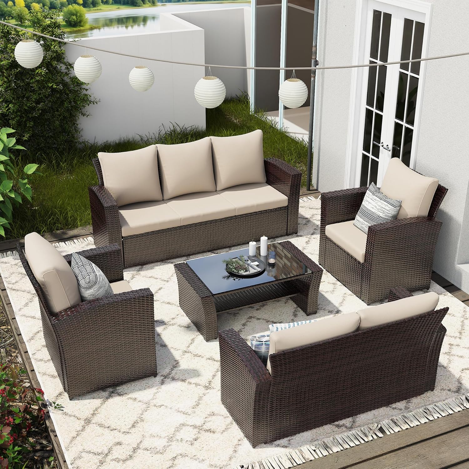 Wisteria Lane 4 Piece Patio Furniture Set, Wicker Outdoor Patio Conversation Furniture Set, All Weather Outdoor Patio Sofa with Cushion and Glass Table, Navy Blue