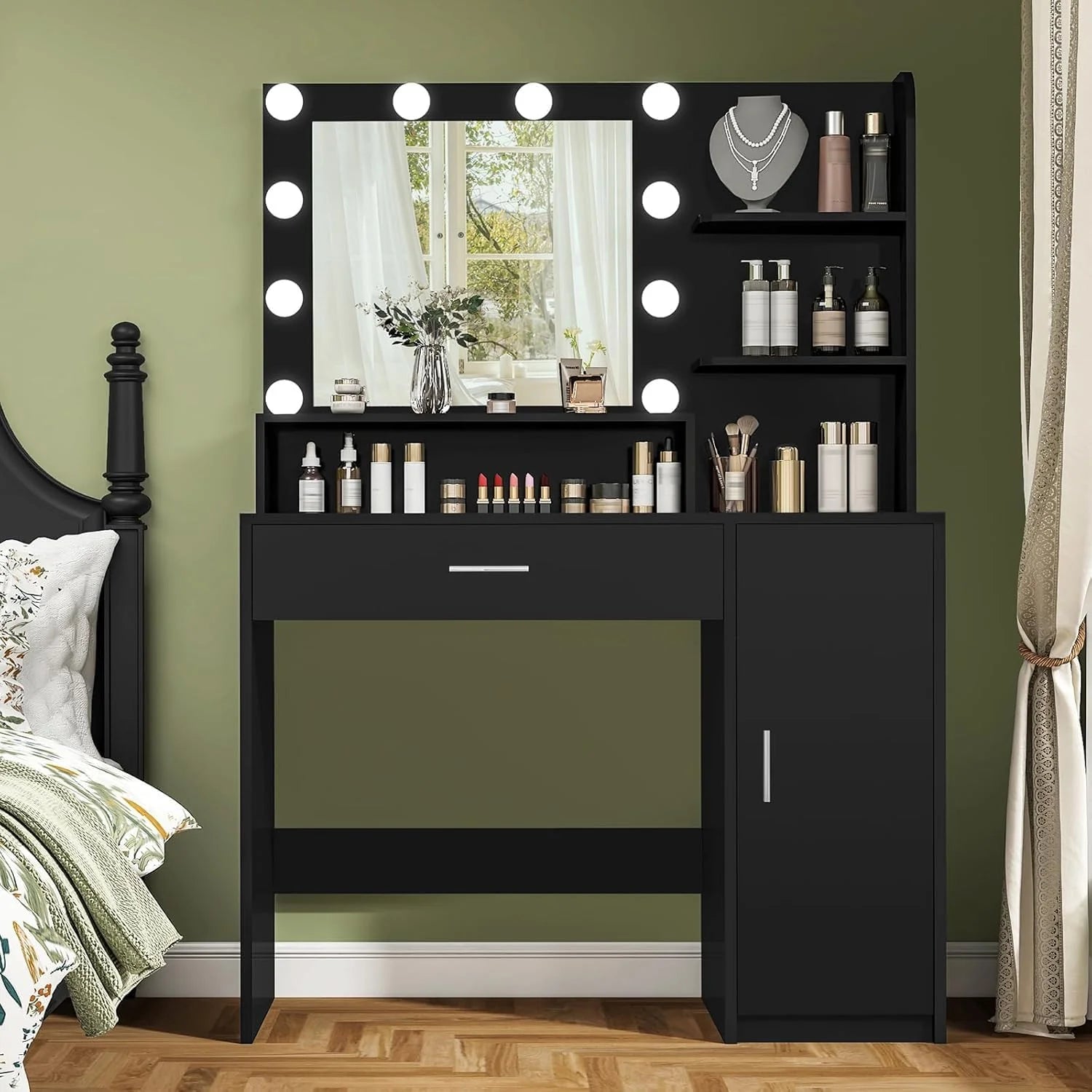 Quimoo Vanity Desk with Mirror & Lights, Makeup Vanity with 5 Drawers & Storage Shelves