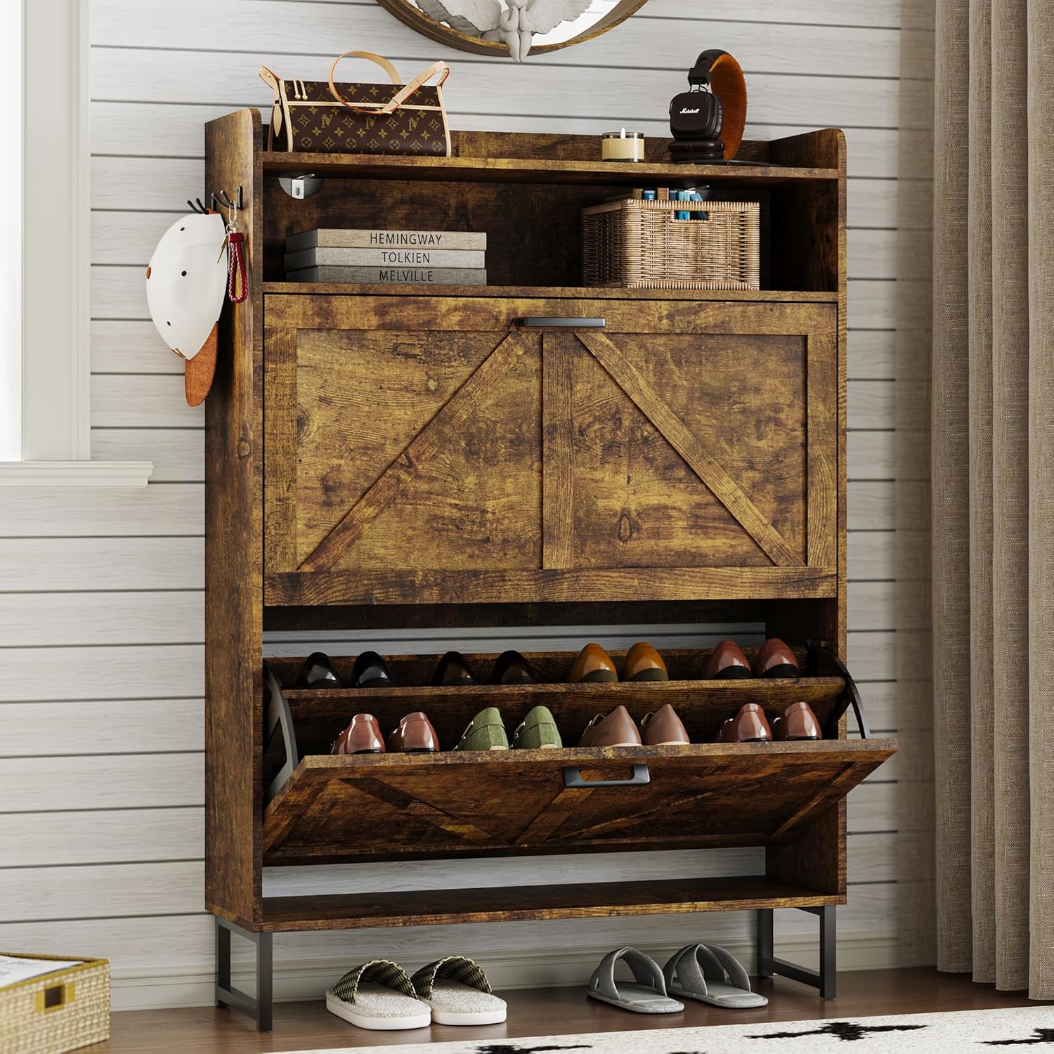 Shoe Cabinet with 2 Flip Drawers Narrow Shoe Storage Cabinet Organizer Wooden Freestanding Rack