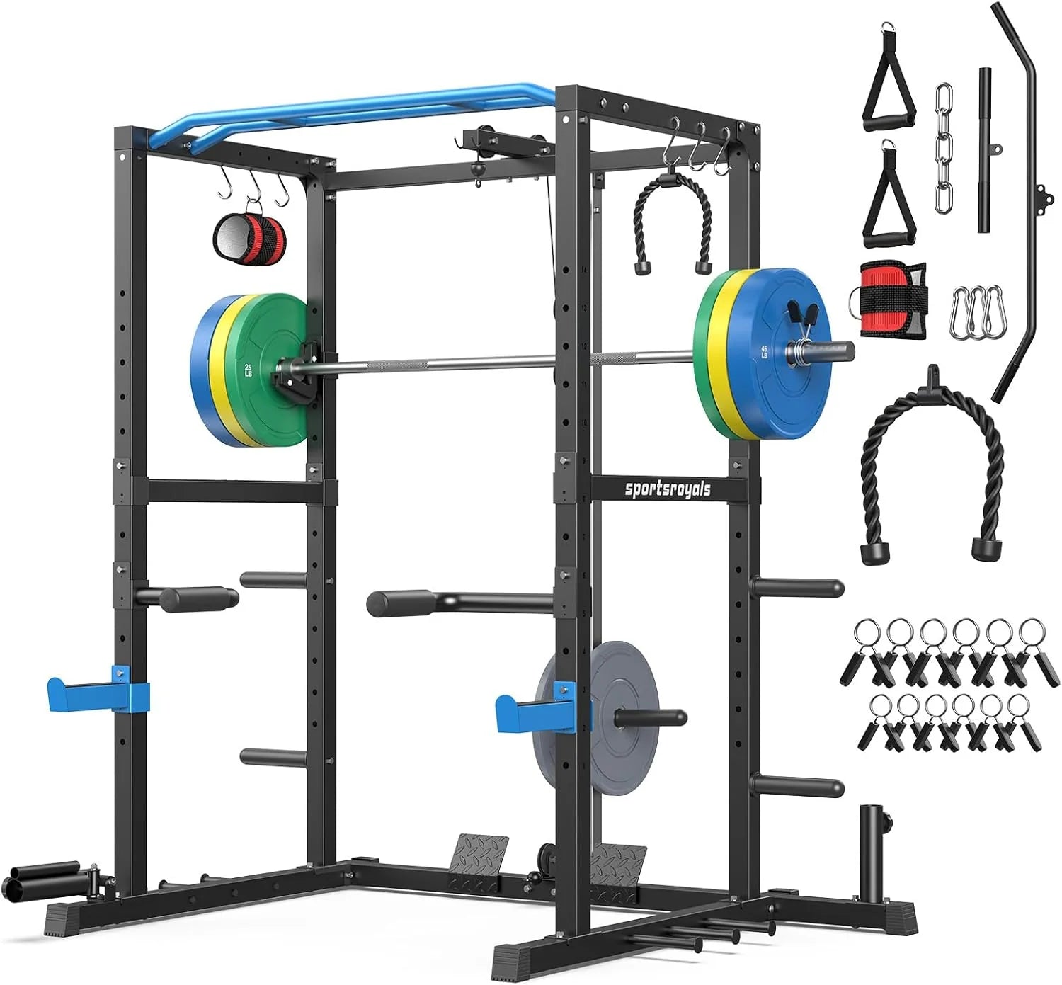 Sportsroyals Squat Rack, LAT Power Cage, Power Rack Multi-Function with Pulley System
