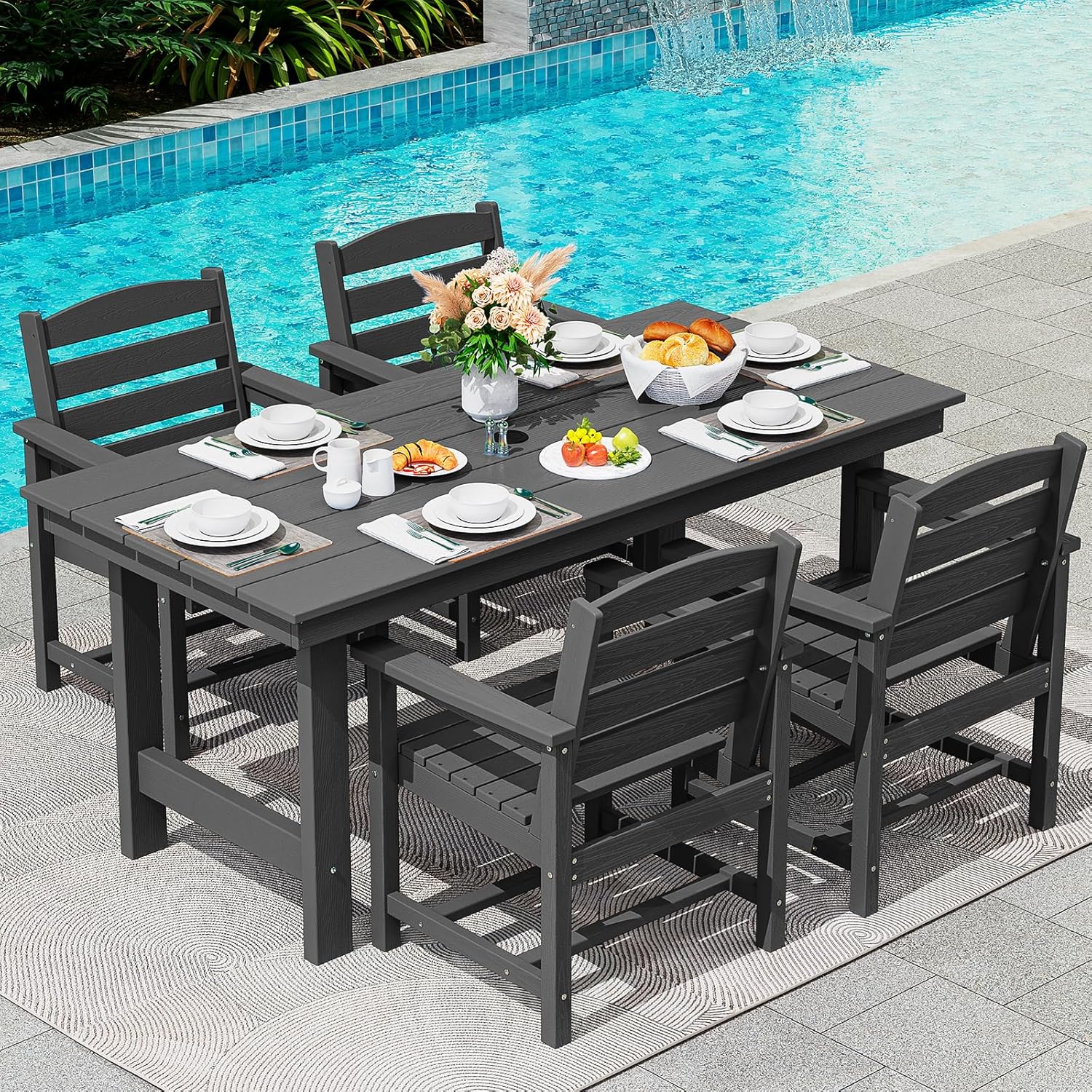 SERWALL 7-Piece Patio Dining Table Sets, Outdoor HDPE Dining Furniture Set with Umbrella Hole Cut-Out Table and 6 Chairs, Blue