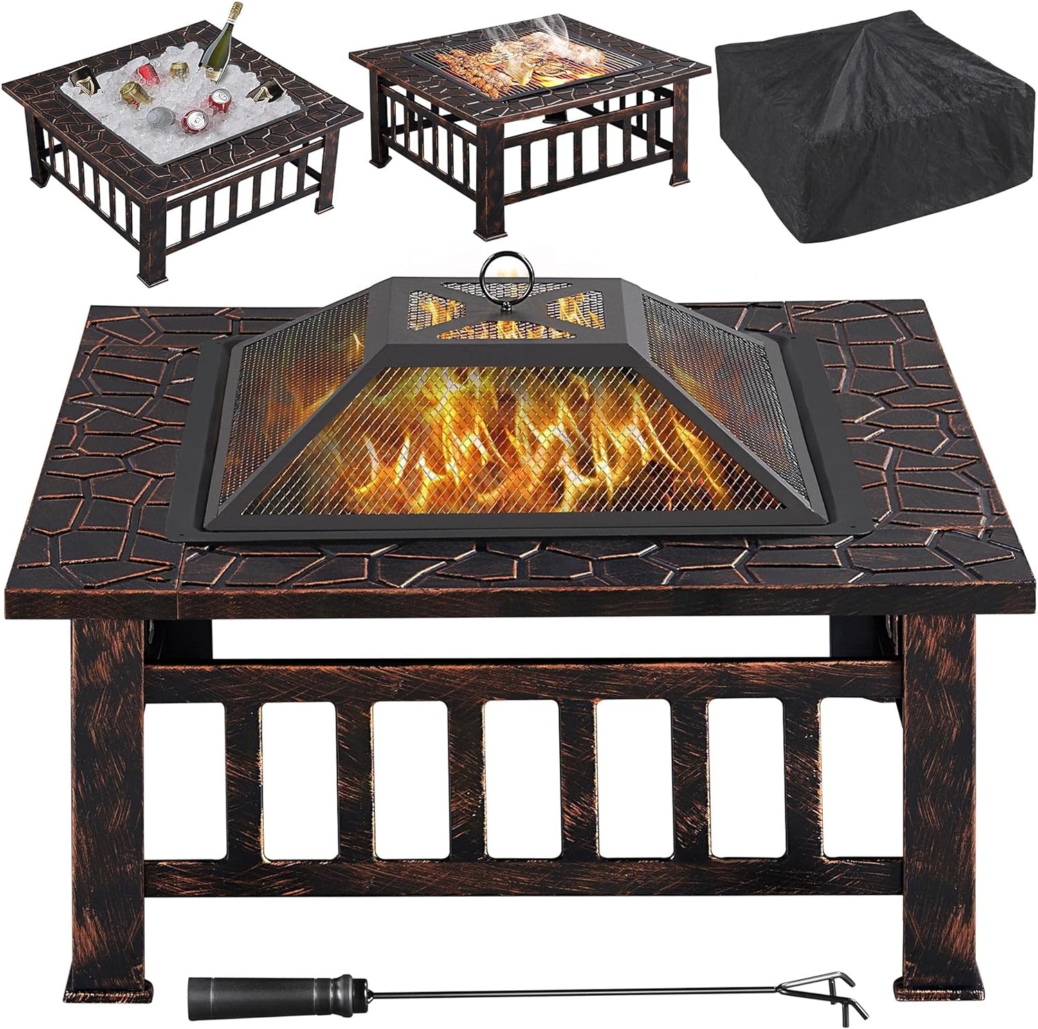 Yaheetech Multifunctional Fire Pit Table Square Metal Firepit Stove Backyard Patio Garden Fireplace