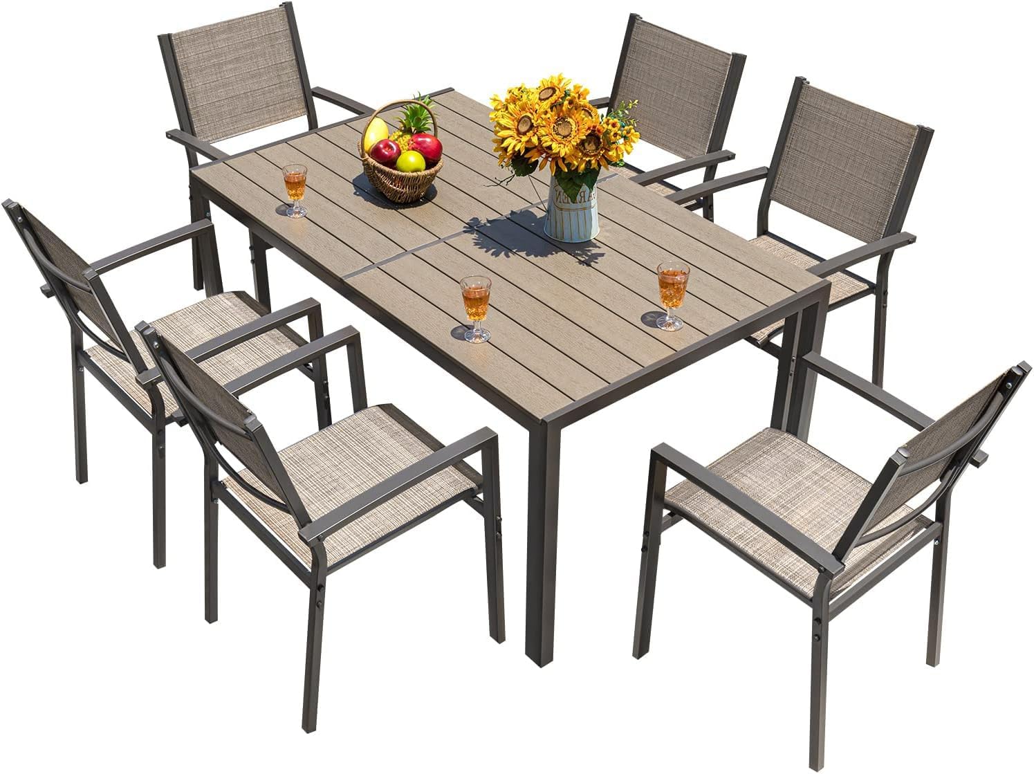 Homall Patio Dining Set 7 Pieces Outdoor Furniture Table and 6 Textilene Chairs Light Grey
