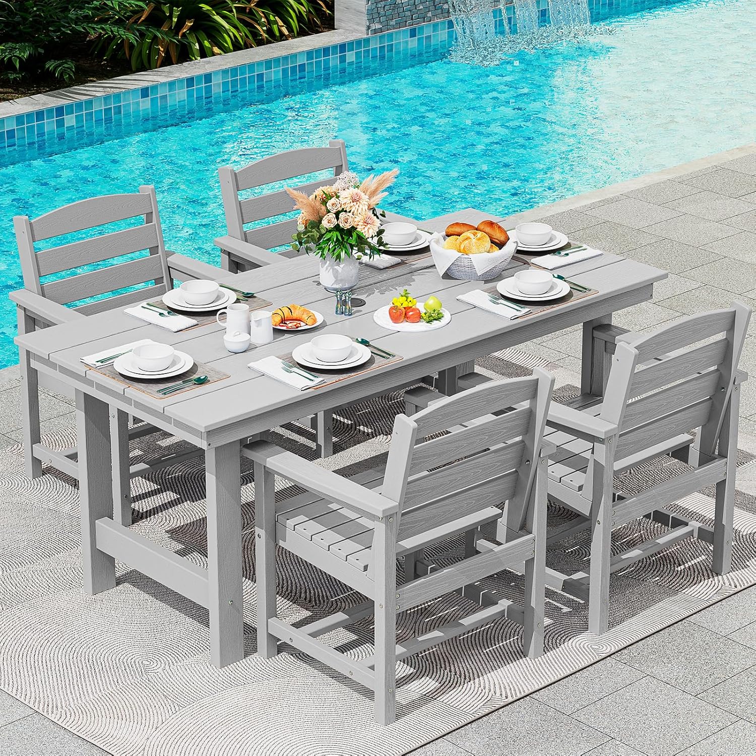 SERWALL 7-Piece Patio Dining Table Sets, Outdoor HDPE Dining Furniture Set with Umbrella Hole Cut-Out Table and 6 Chairs, Blue