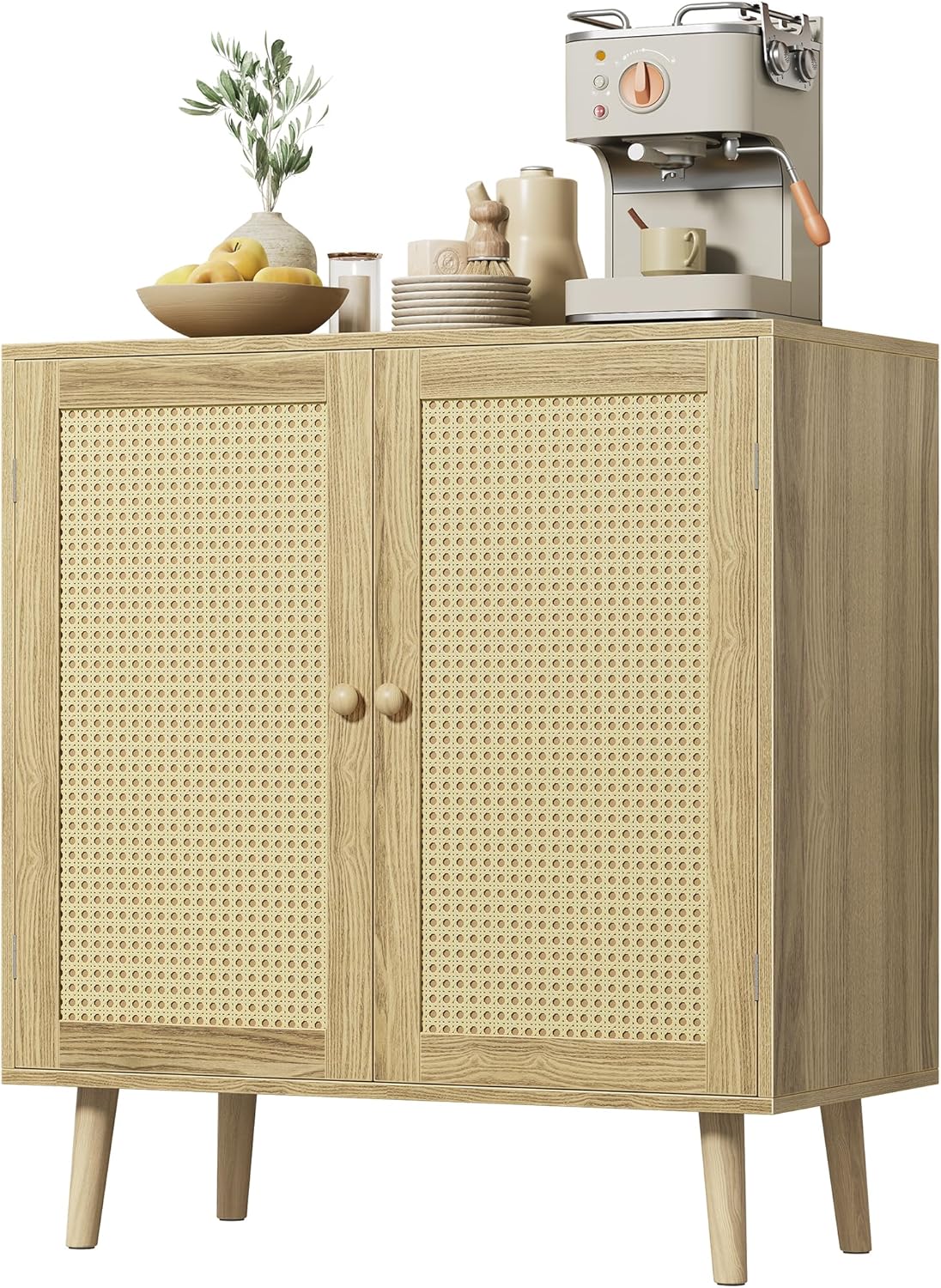 Huuger Buffet Cabinet with Storage Cabinet with PE Rattan Decor Doors Accent Sideboard Buffet