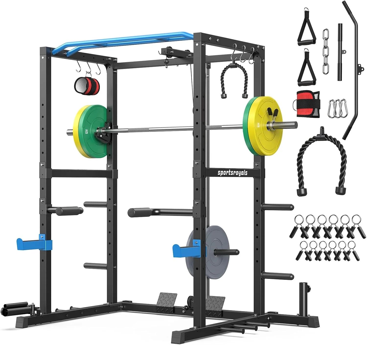 Sportsroyals Squat Rack, LAT Power Cage, Power Rack Multi-Function with Pulley System
