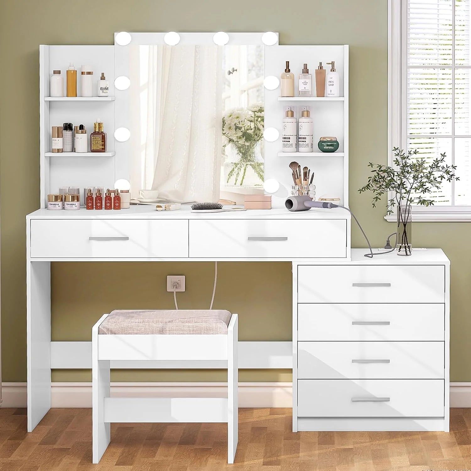 Quimoo Vanity Desk with Mirror & Lights, Makeup Vanity with 5 Drawers & Storage Shelves