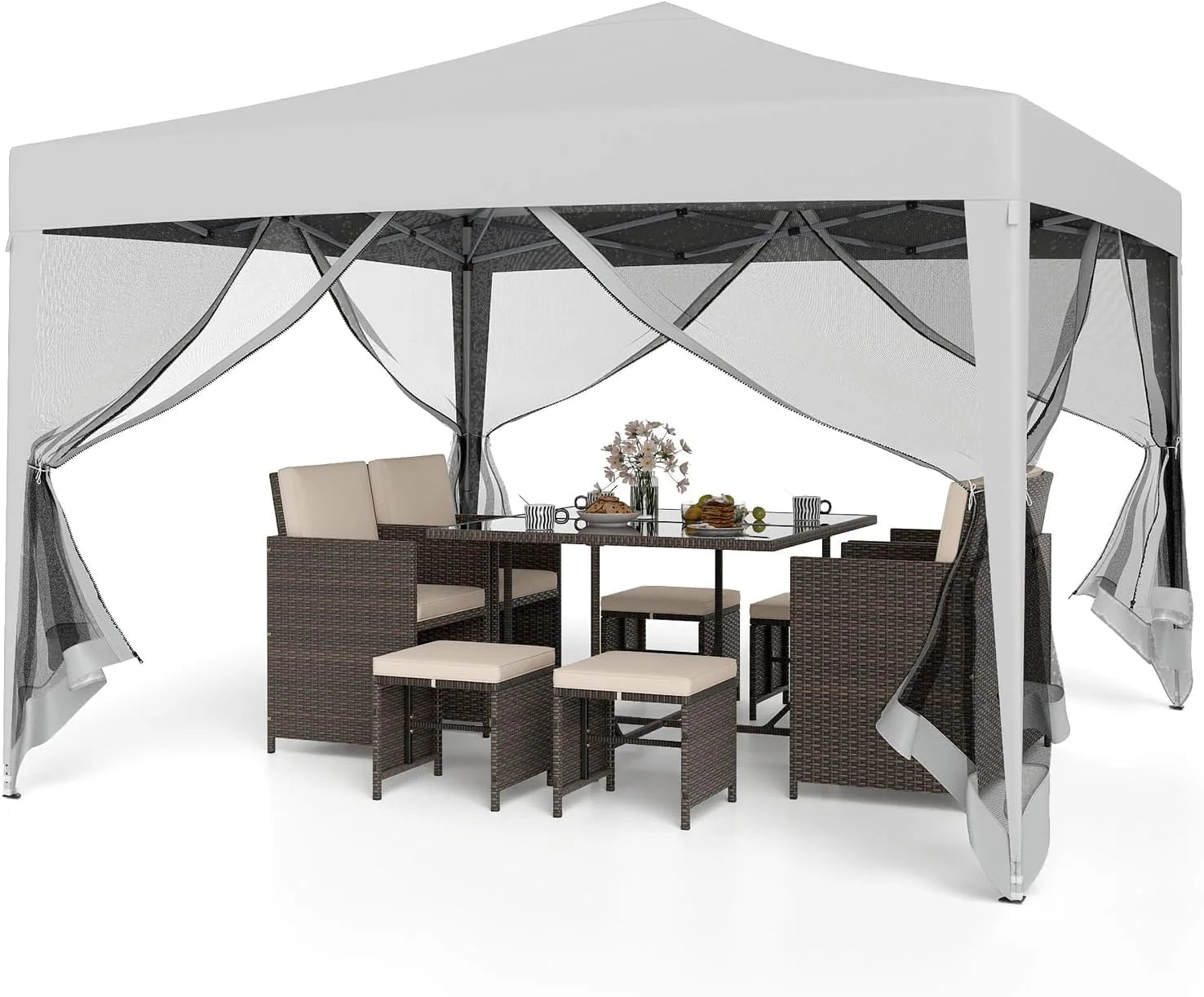 Goplus 10 FT x 10 FT Pop-Up Canopy Tent, Easy Setup Instant Folding Shelter w/Mesh Netting, Carry Bag, 8 Stakes & 4 Ropes, Height Adjustable Sunshade, Commercial Tent for Camping (Coffee)