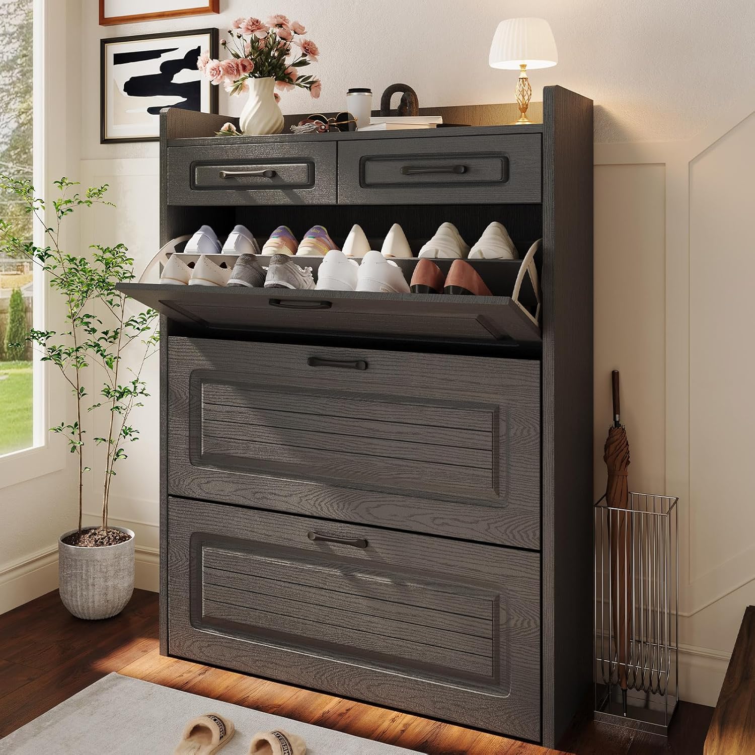 Shoe Cabinet with 3 Large Flip Drawers & 2 Storage Drawers, Narrow Shoe Organizer Cabinet Fits