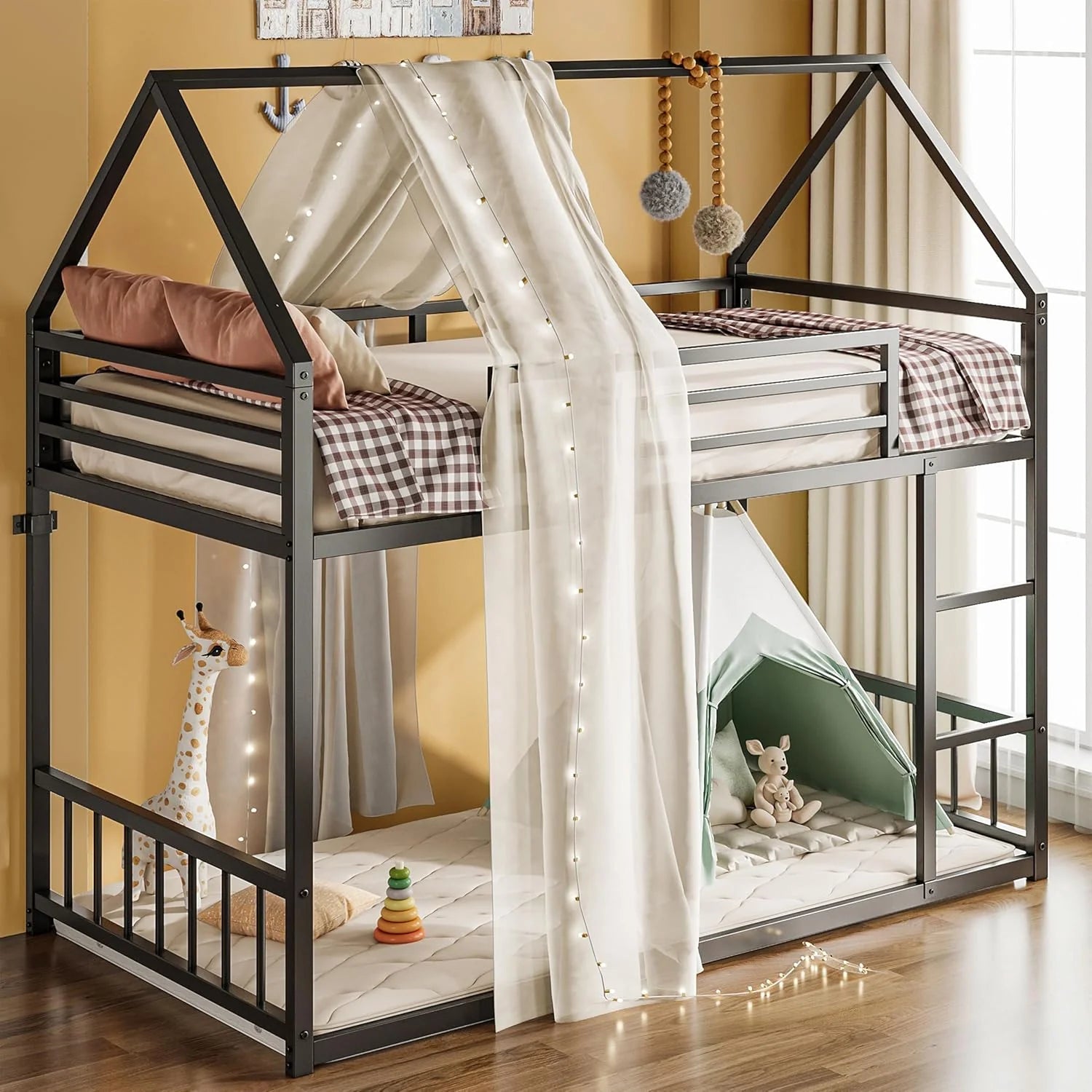 LIKIMIO Bunk Bed Twin Over Twin House Bunk Bed Frame Guardrail House Shaped Metal Slats