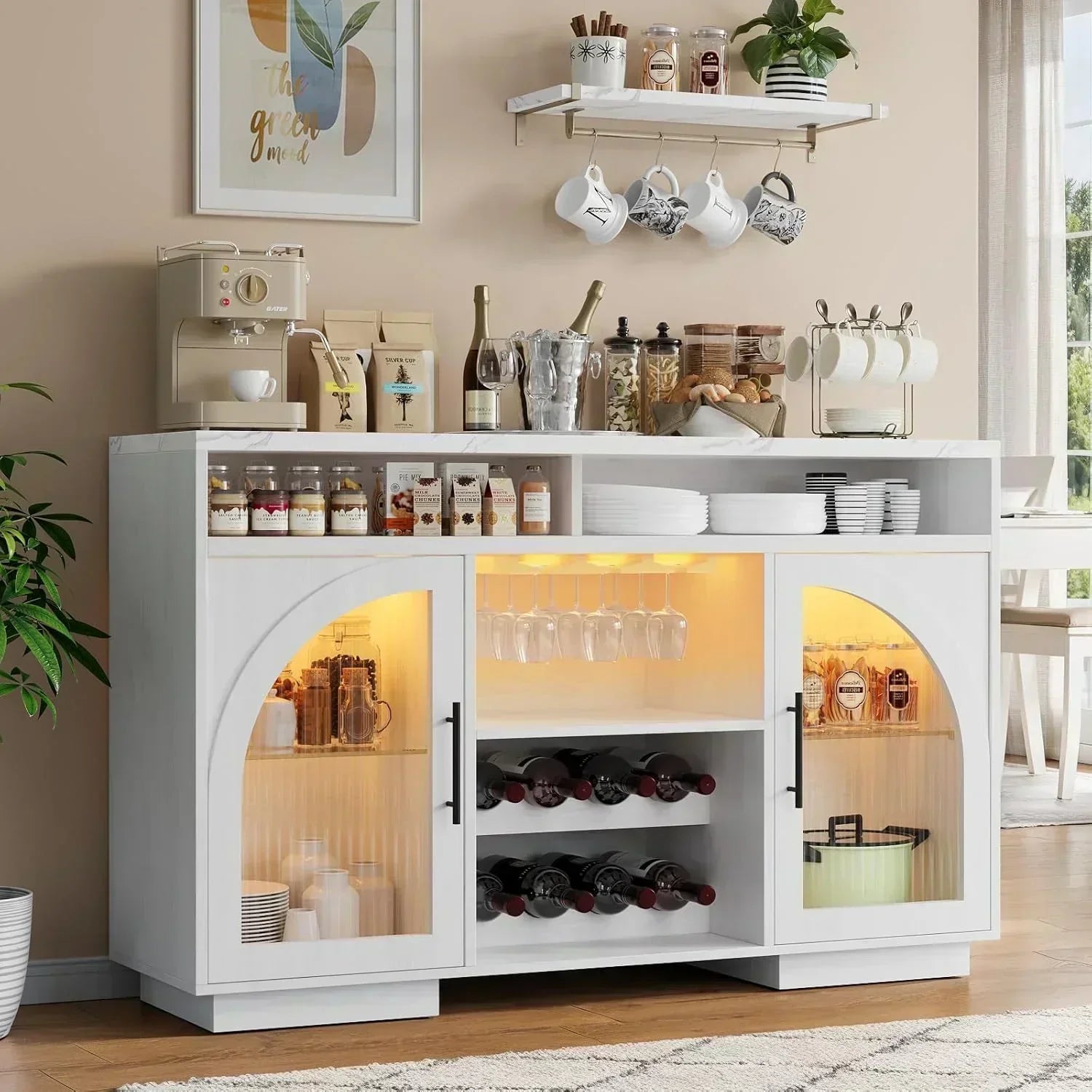 Sideboard 54-inch kitchen cabinet with LED lights and arched glass doors tall bar cabinet