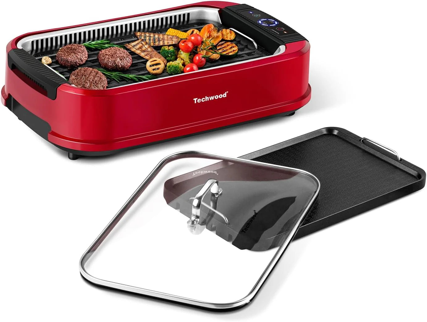Indoor Grill, Techwood 1500W Smokeless Electric Grill with Tempered Glass Lid, Compact & Portable Non-Stick BBQ Grill with 6-Level Control, Dishwasher Safe, Black