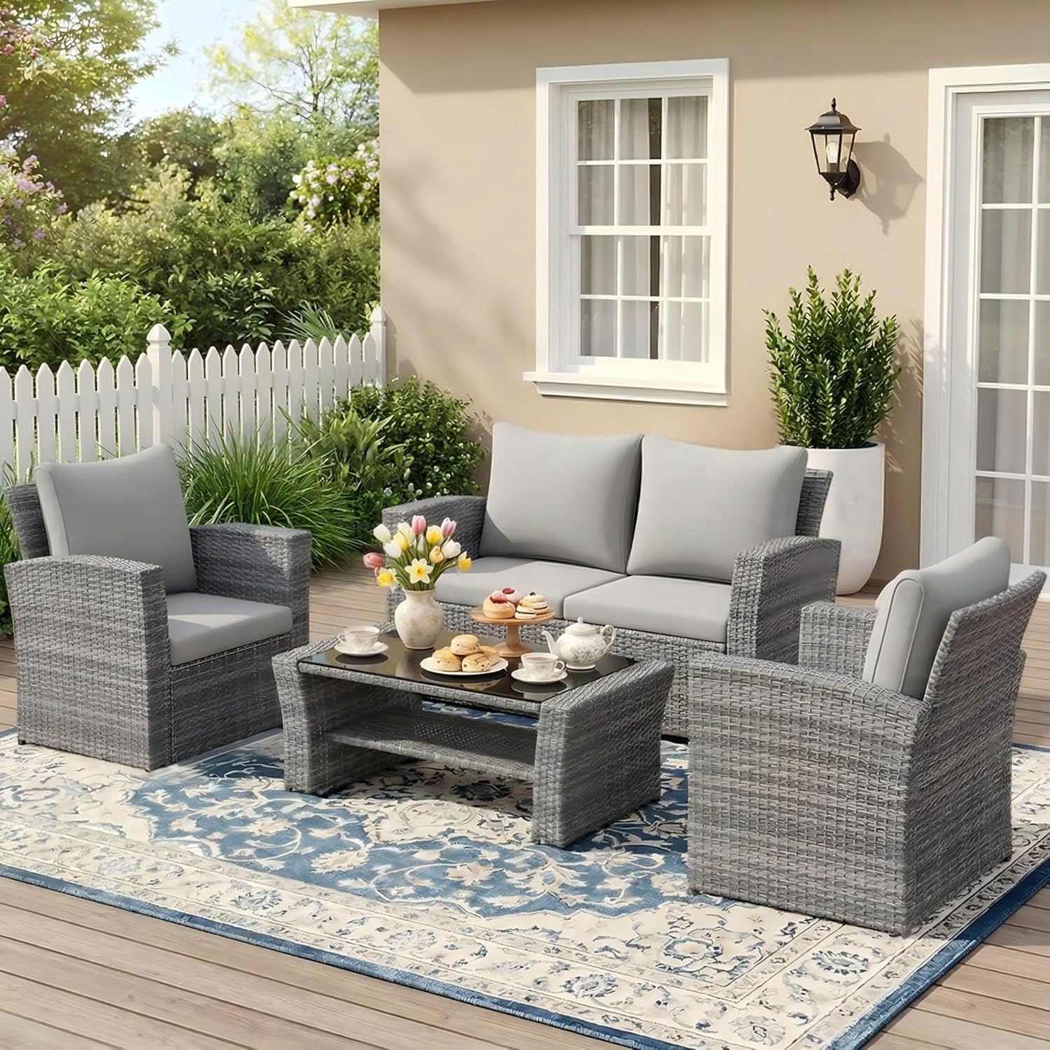Wisteria Lane 4 Piece Patio Furniture Set, Wicker Outdoor Patio Conversation Furniture Set, All Weather Outdoor Patio Sofa with Cushion and Glass Table, Navy Blue