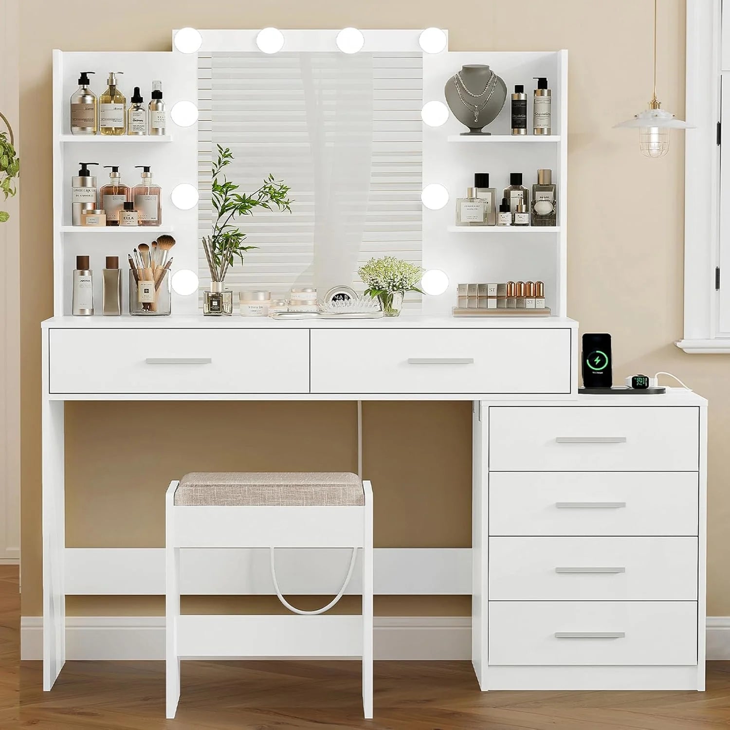 Quimoo Large Vanity Desk with LED Lighted Mirror & Power Outlet,Makeup Vanity Table