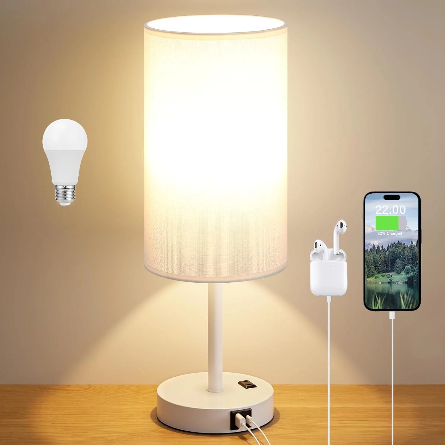 Touch Bedside Table Lamp with USB Wood Base 3 Way Dimmable Small Nightstand Lamp with LED Bulb for Bedroom Living Room
