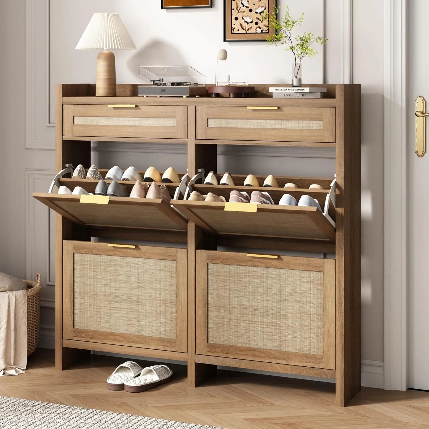 Large Rattan Shoe Storage Cabinet with 4 Flip Drawers & 2 Storages–Hidden Slim Shoe Organizer
