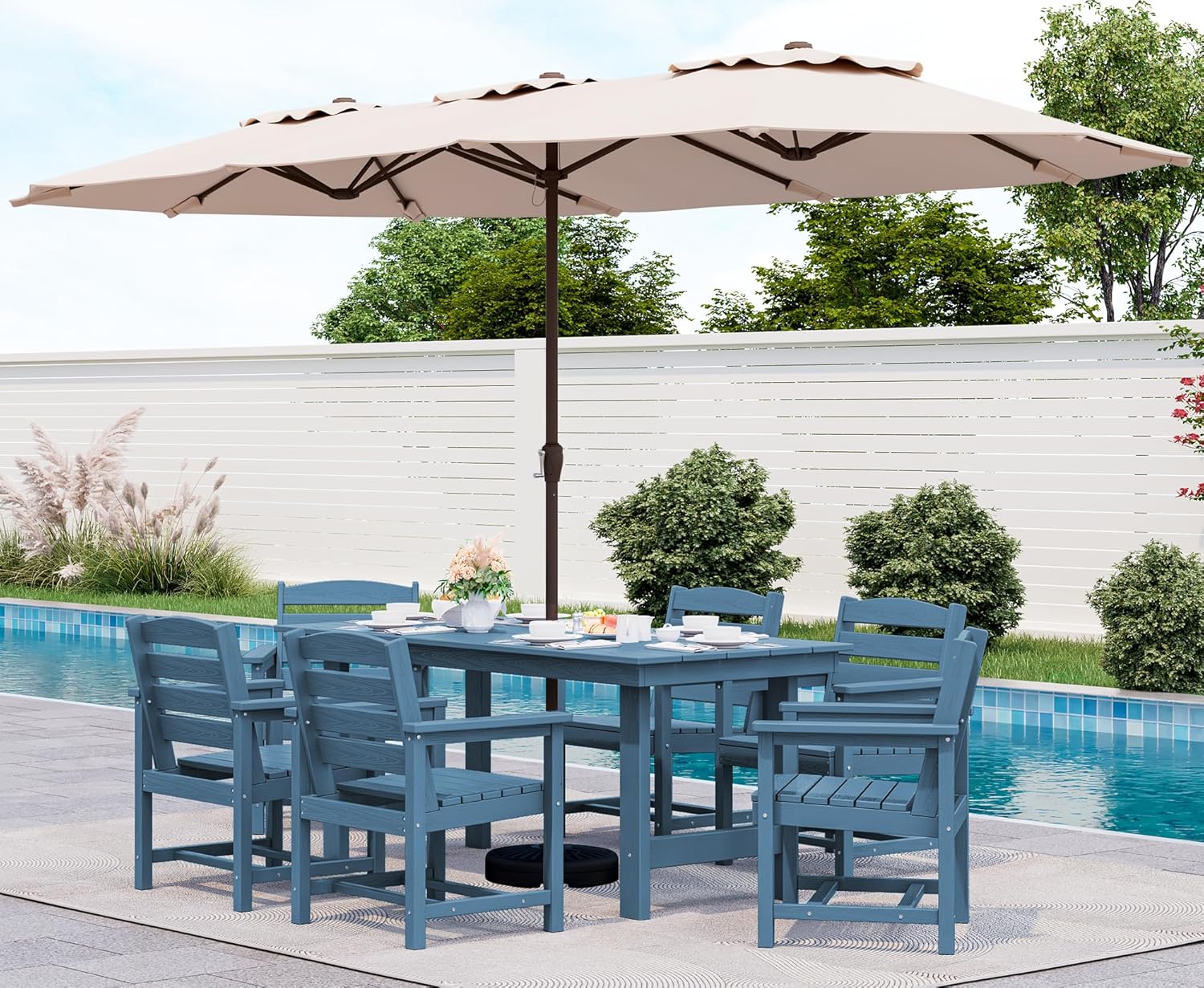 SERWALL 7-Piece Patio Dining Table Sets, Outdoor HDPE Dining Furniture Set with Umbrella Hole Cut-Out Table and 6 Chairs, Blue