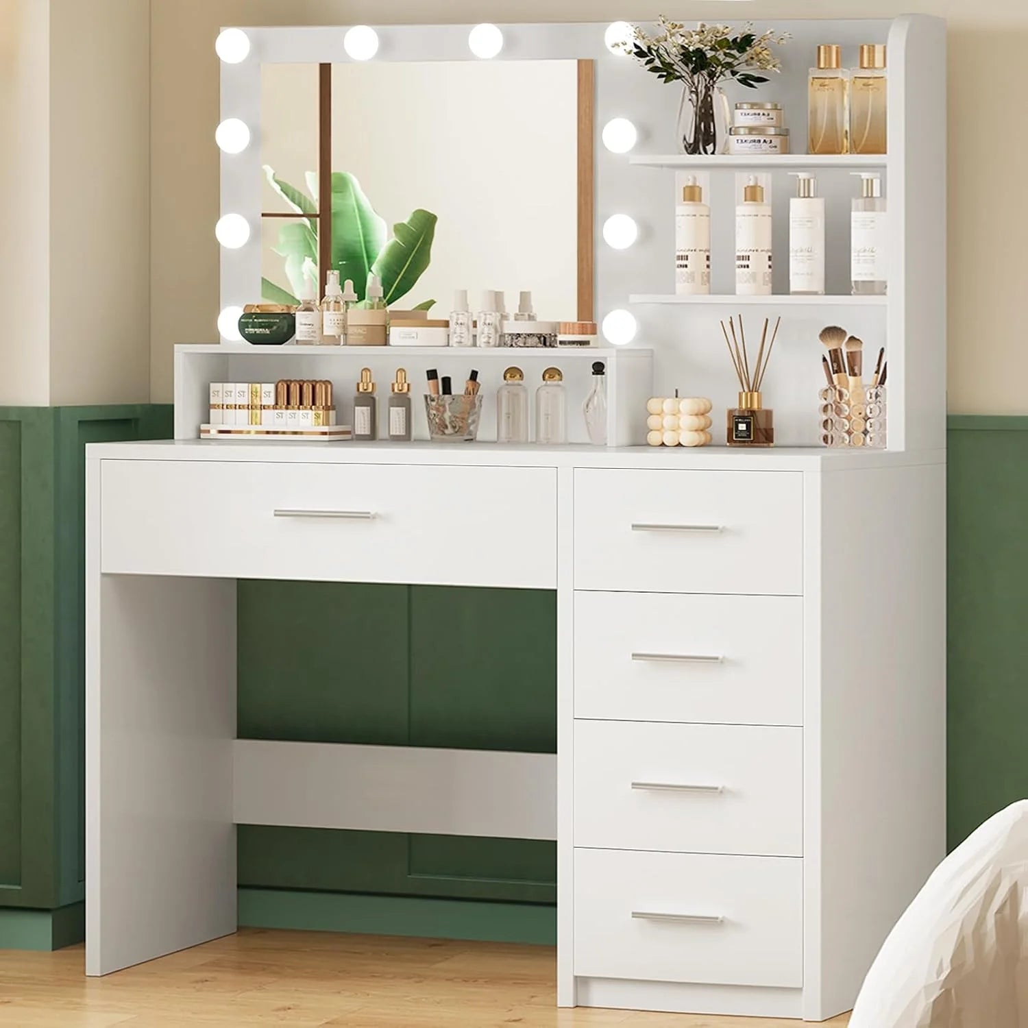 Quimoo Vanity Desk with Mirror & Lights, Makeup Vanity with 5 Drawers & Storage Shelves