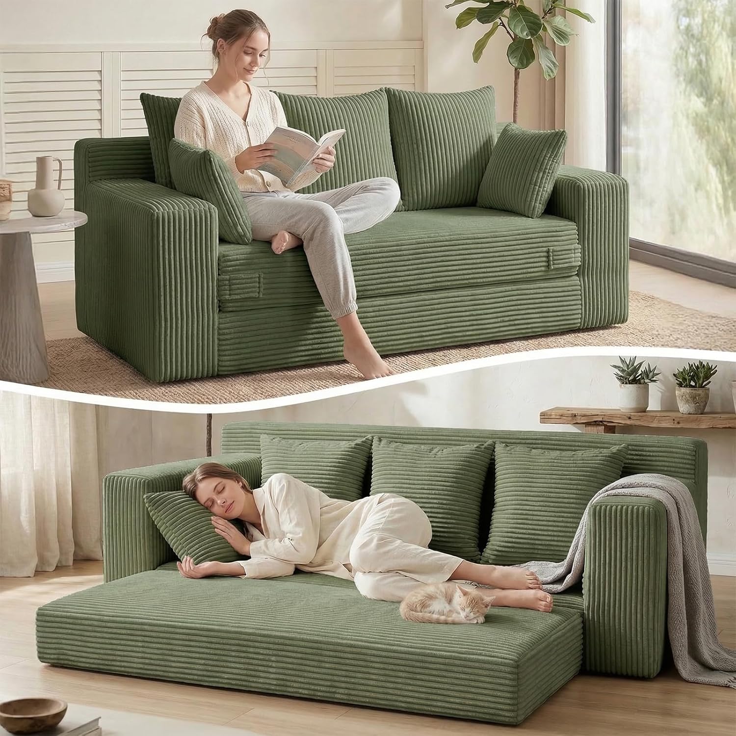 Loveseat Boneless Convertible Sofa Bed, Folding Floor Futon Sleeper Sofa Couch Bed- Boneless Foldable Couch, Corduroy Pull Out Sofa Bed with 2 Pillows for Living Room & Bedroom