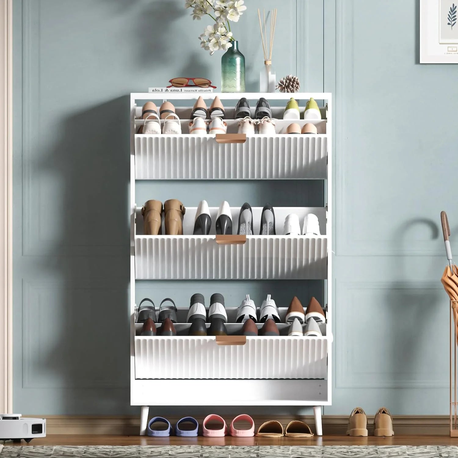 Shoe Cabinet Storage Modern Freestanding Organizer with 2 Flip Drawers Narrow Shoe Rack Cabinet