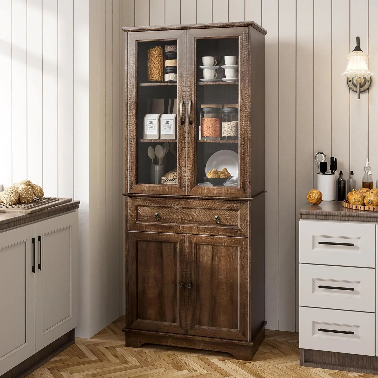 Kitchen Hutch Pantry Cabinet 71 Tall with Glass Doors