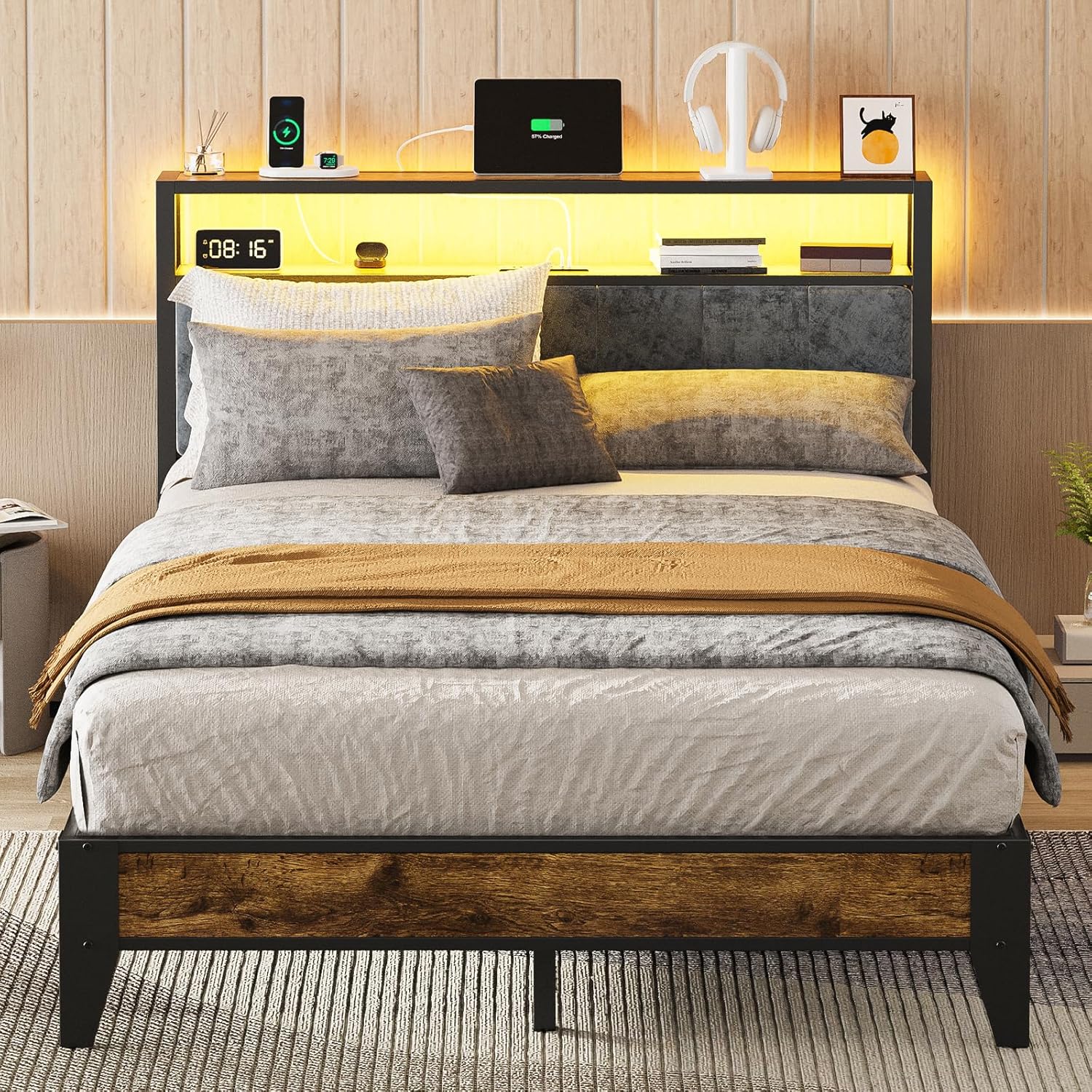 OLEVS Single Bed Frame LED Light Storage Headboard Charging Station Metal Platform Bed