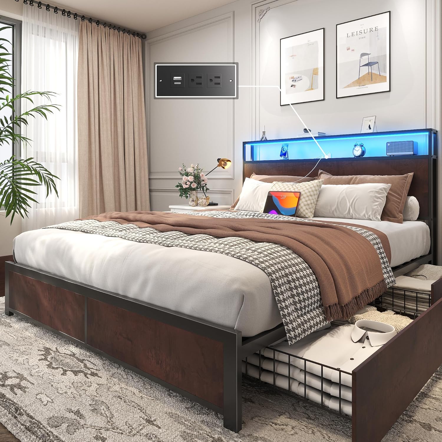 Lifezone Queen Bed Frame 2-Tier Storage Headboard Metal Platform Bed Frame 4 Storage Drawers