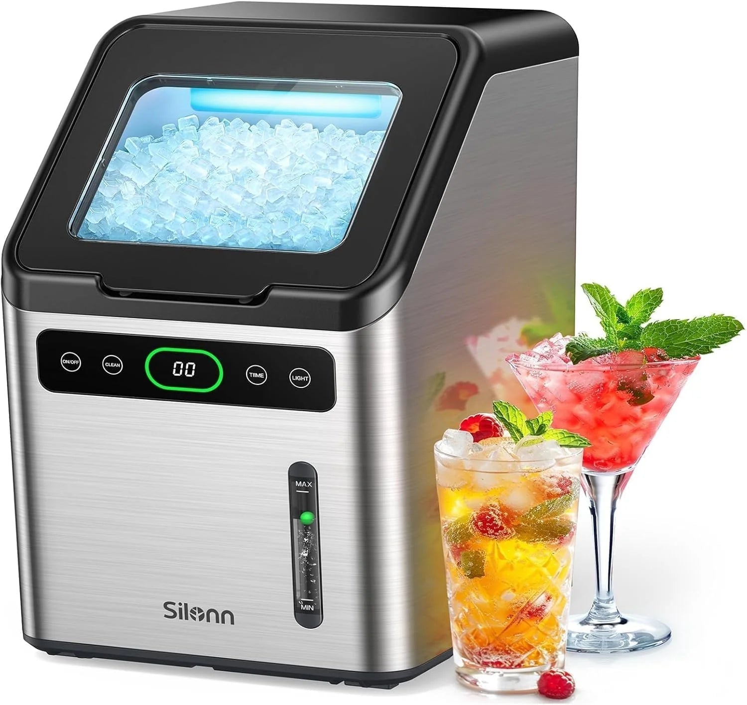 Silonn Nugget Ice Maker Countertop, Pebble Ice Makers with Crushed Soft Chewable Ice, 33lbs Per Day with Scoop, Pellet Portable Ice Machines with Auto-Cleaning for Home, Kitchen, Office, Black