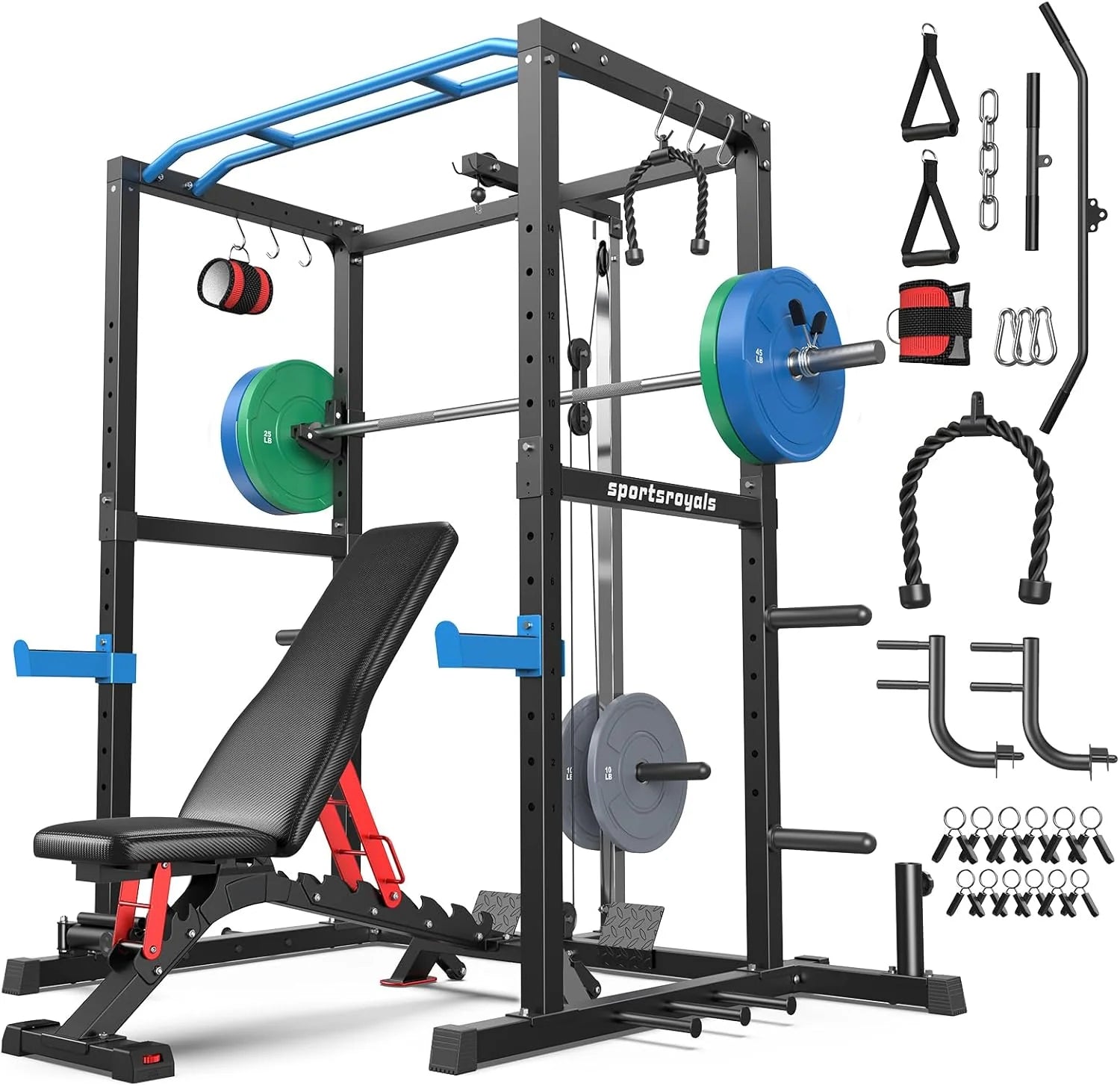 Sportsroyals Squat Rack, LAT Power Cage, Power Rack Multi-Function with Pulley System