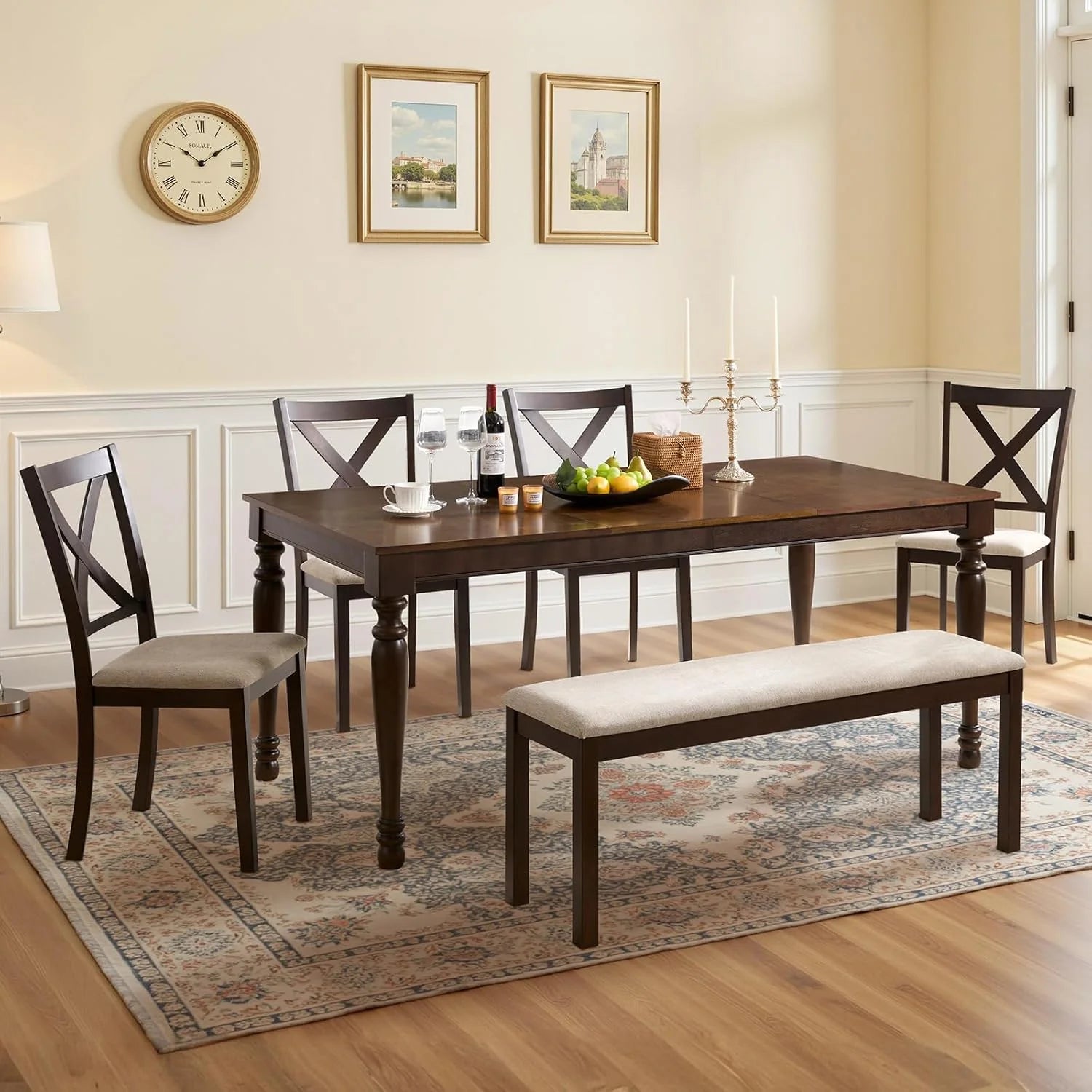LUXOAK 6-Piece Solid Wood Dining Table Set 60'' Farmhouse Wood Kitchen Chairs Set