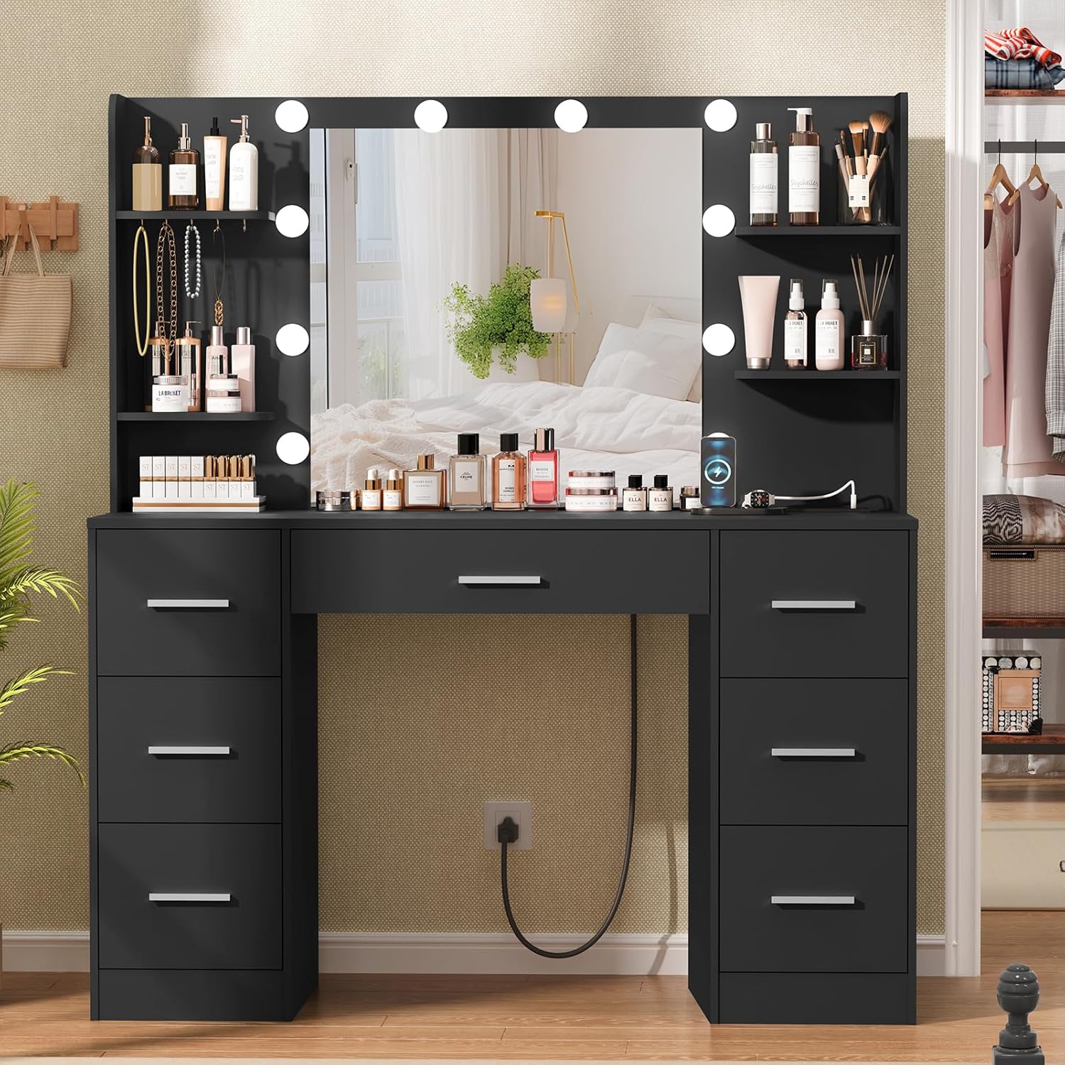 Quimoo Large Vanity Desk with LED Lighted Mirror & Power Outlet,Makeup Vanity Table