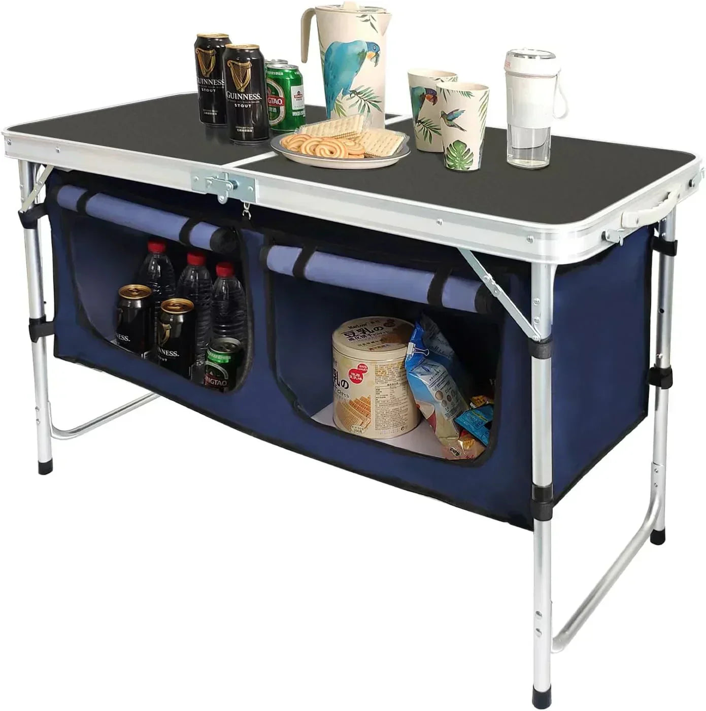 Outdoor Folding Table Aluminum Lightweight Height Adjustable with Storage Organizer
