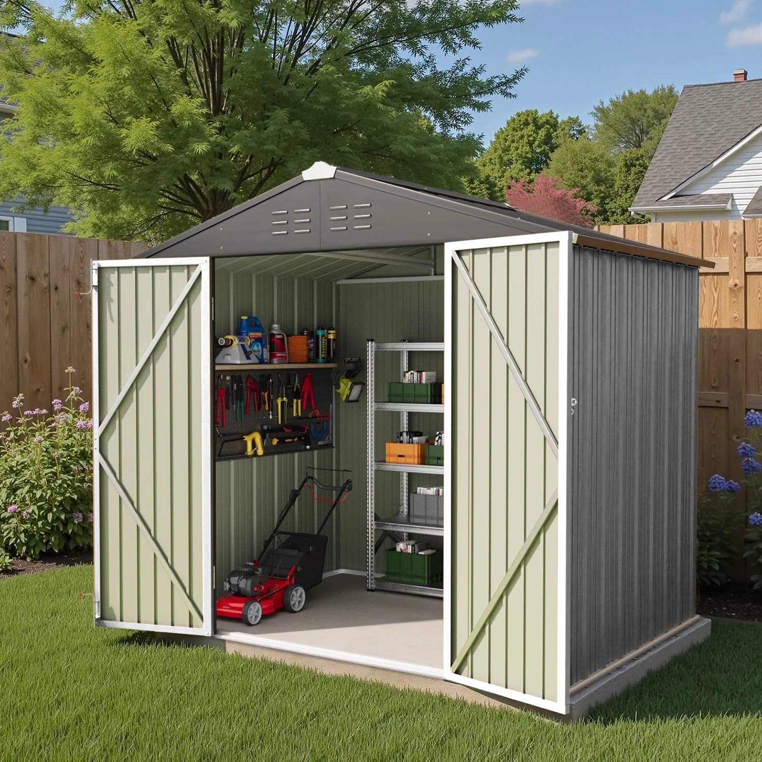 Greesum 6×4 FT Outdoor Storage Shed, Metal Patio Storage Shed with Lockable Door