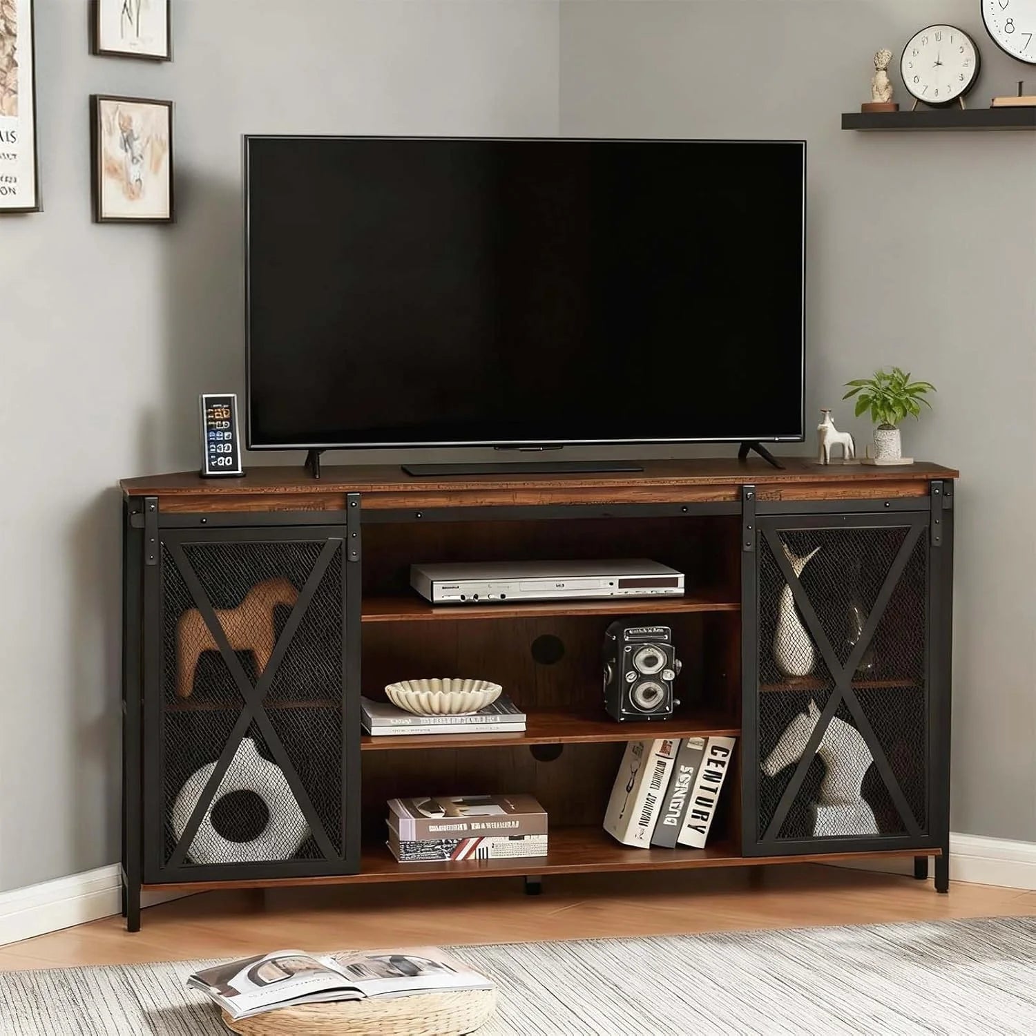 HOMISSUE Corner TV Stand for 55 Inch TV, Rustic Corner Entertainment Center with Storage