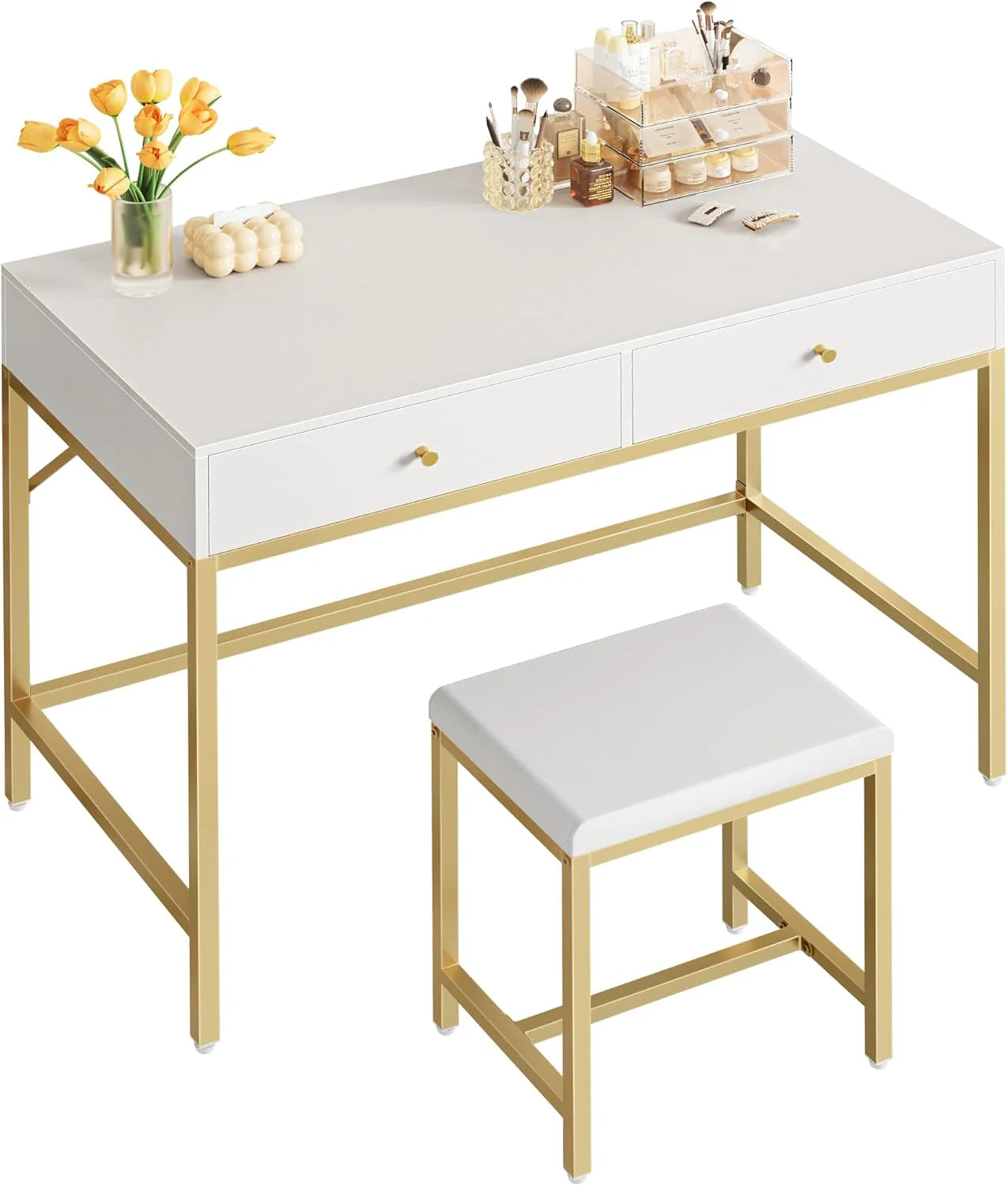 SUPERJARE 35.4 White and Gold Desk with 2 Drawers, Modern Makeup Vanity