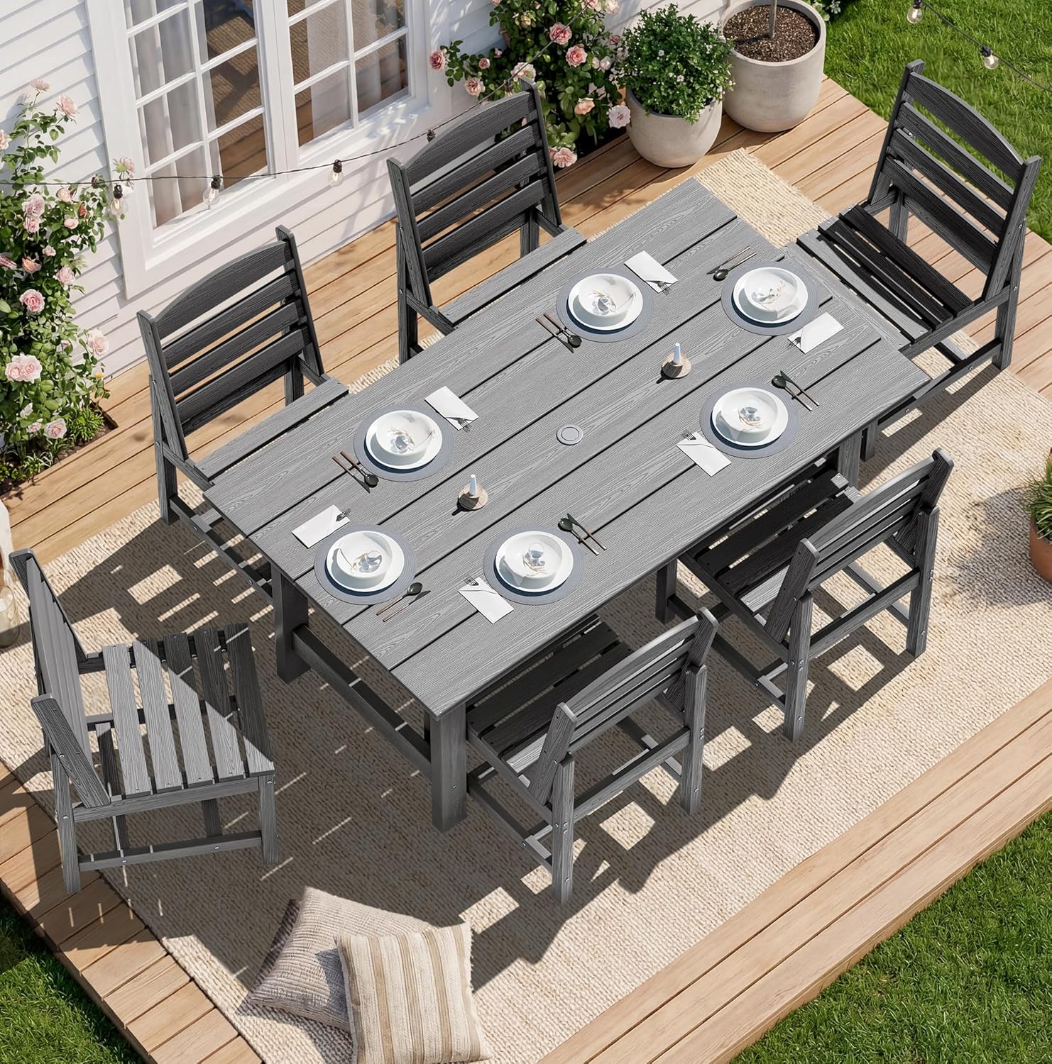 SERWALL 7-Piece Patio Dining Table Sets, Outdoor HDPE Dining Furniture Set with Umbrella Hole Cut-Out Table and 6 Chairs, Blue