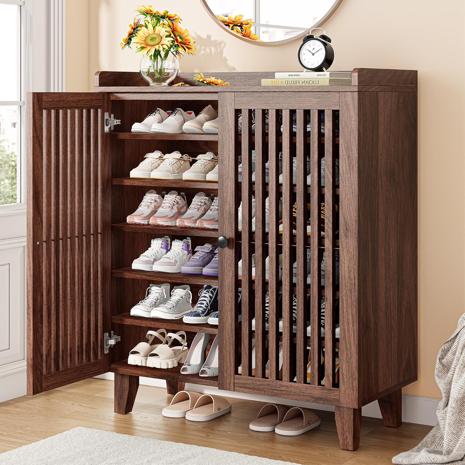 IRONCK Shoe Cabinet with Slatted Doors, 6-Tier Shoe Storage Cabinet