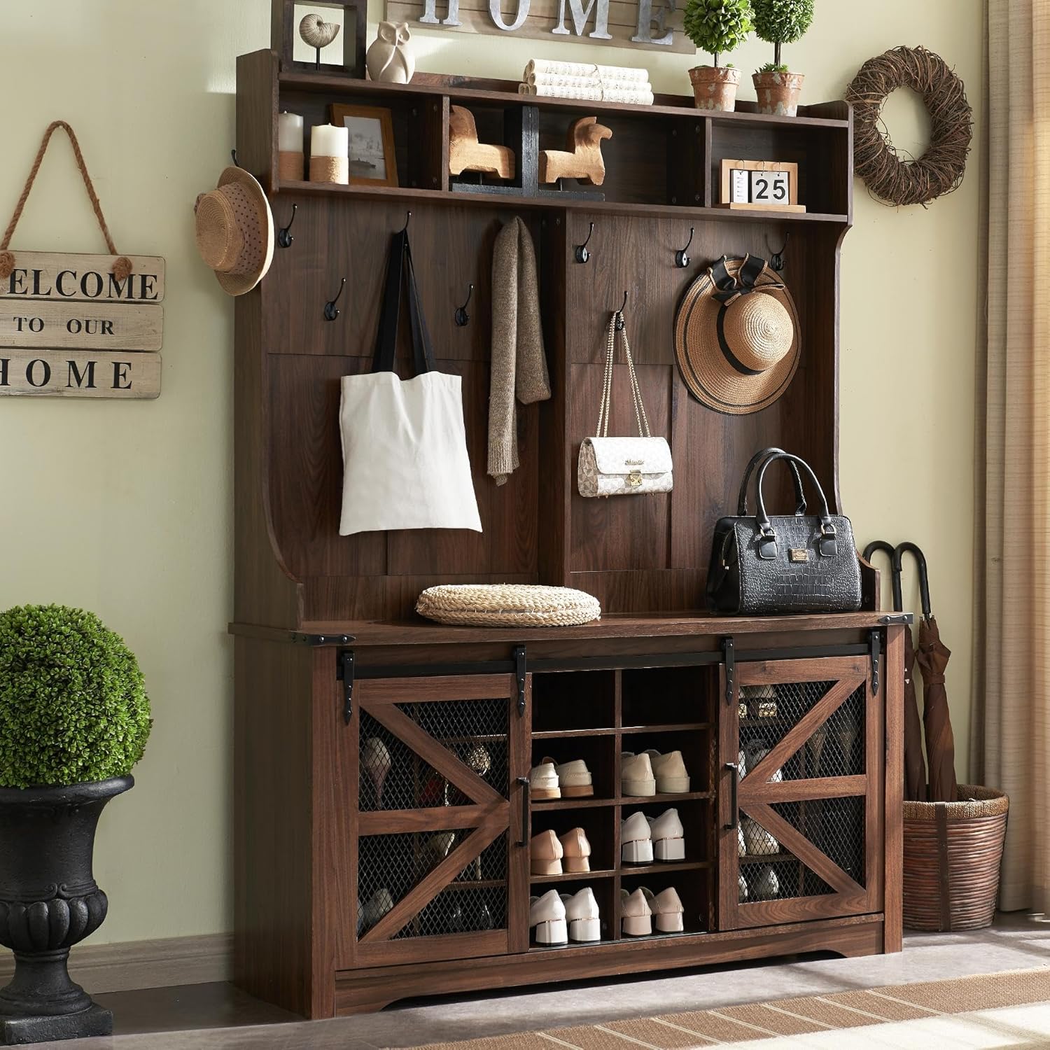 JXQTLINGMU 59-inch Farmhouse Foyer Tree Shoe Storage Entryway Bench Foyer Coat Rack Cabinet