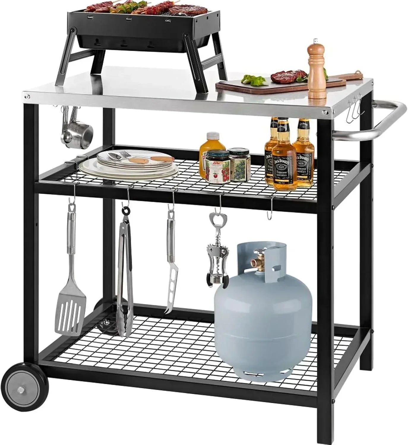 Stainless Steel Outdoor Grill Cart Pizza Oven Stand Trolley Table with Wheels Three-Shelf