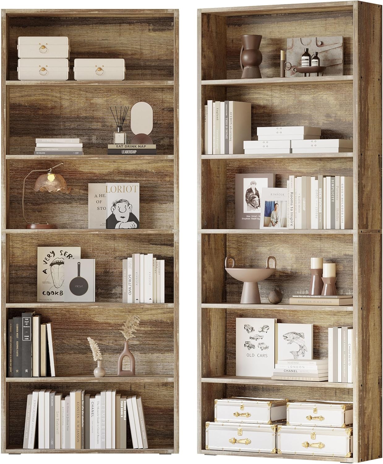 IRONCK Bookshelves and Bookcases Set of 2 Floor Standing 6 Tiers Display Storage Shelves