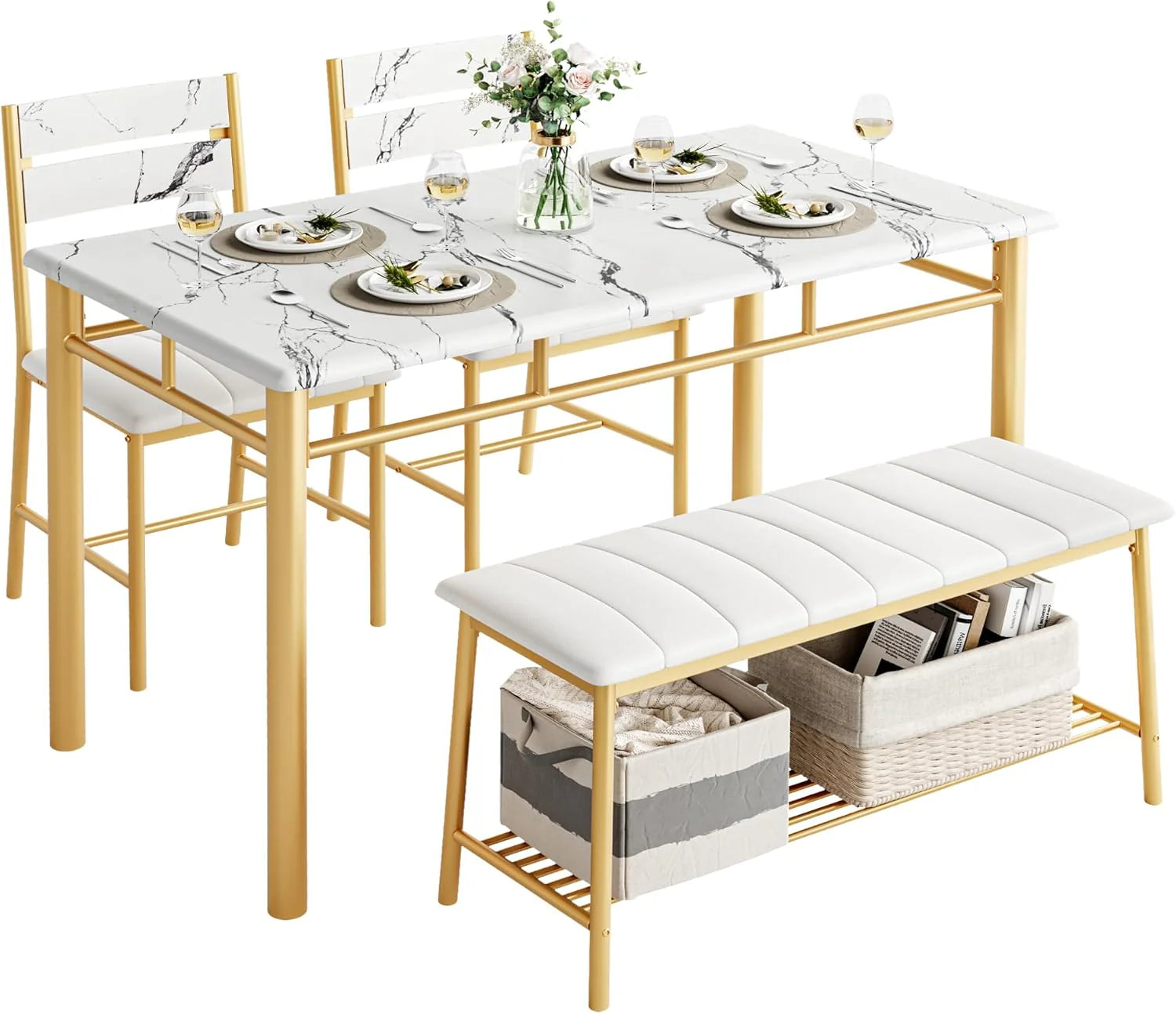 IRONCK Dining Table Set for 4 Kitchen Table with Upholstered Bench Kitchen Table and Chairs Set