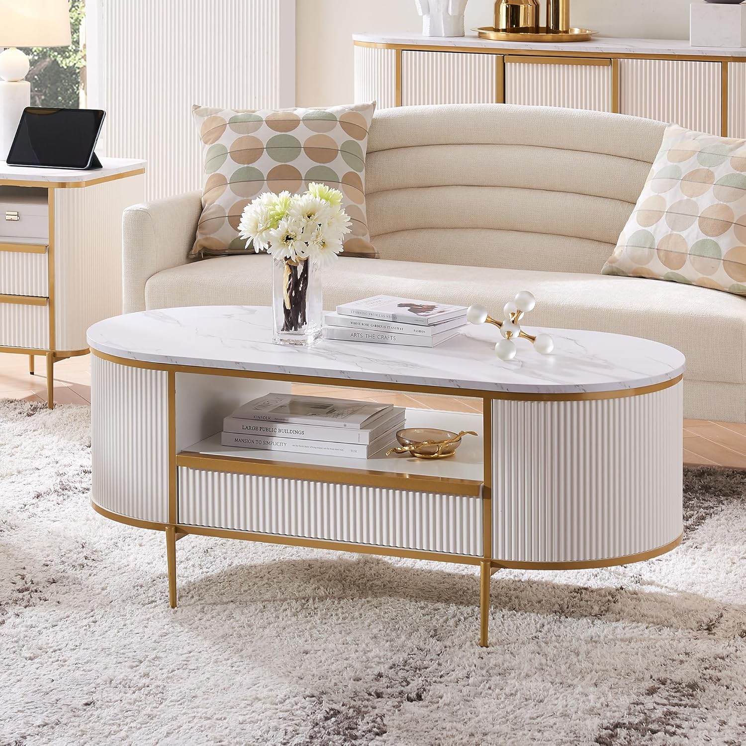 OKD Modern Luxury Grooved Coffee Table, 48 Inch Oval Coffee Table with Drawers, Imitation Marble Top, Curved Contour Design, Gold Metal Trim, Living Room Center Table