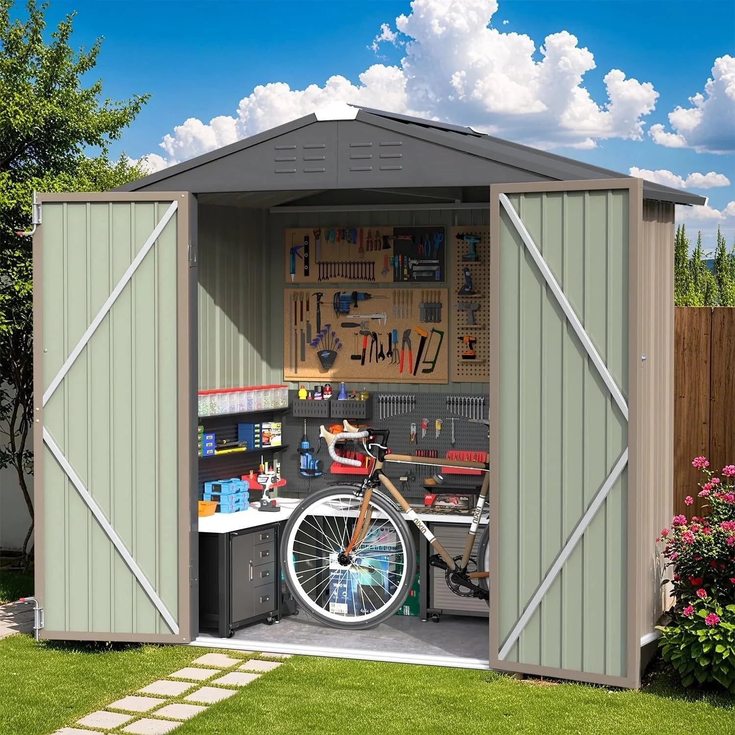 Greesum 6×4 FT Outdoor Storage Shed, Metal Patio Storage Shed with Lockable Door