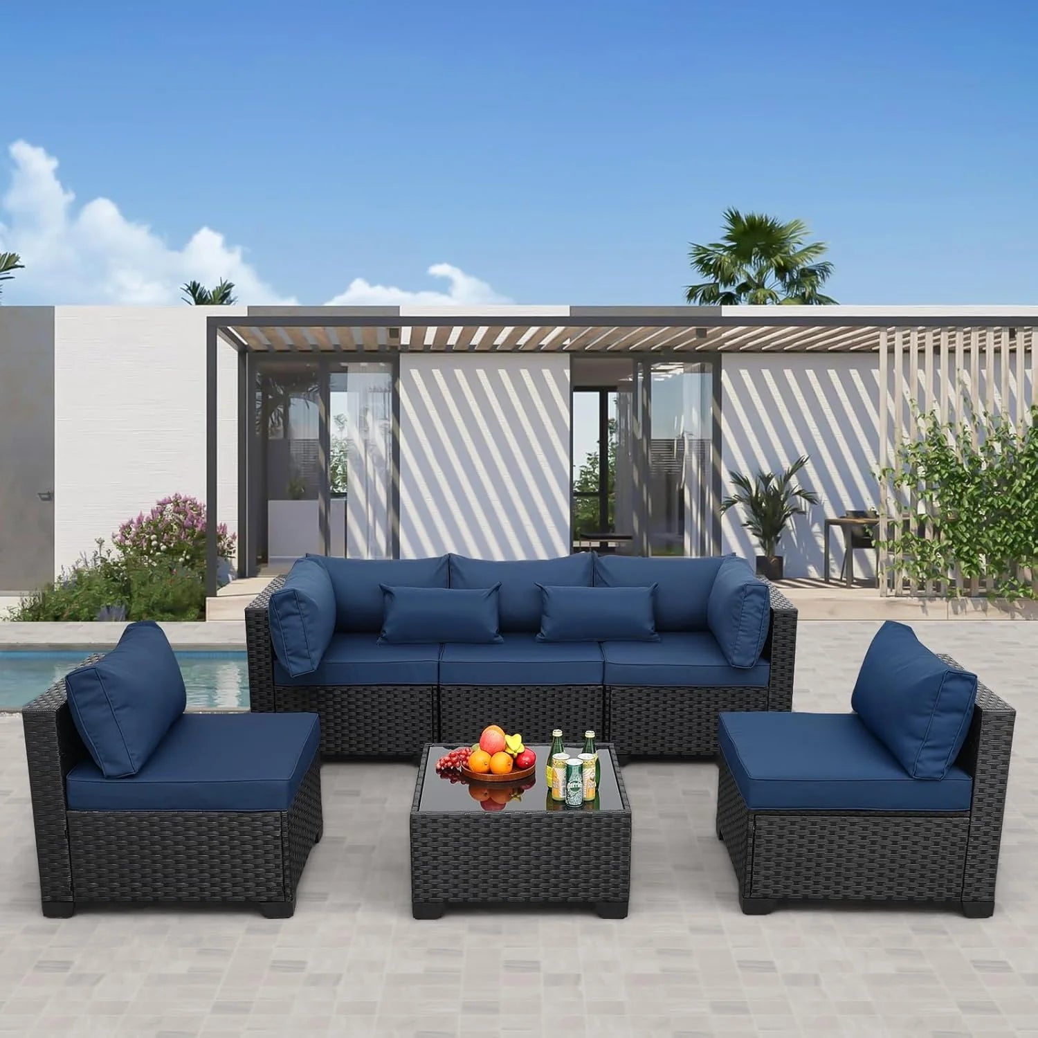 Rattaner Patio Sectional 6 Pieces All-Weather Wicker Patio Furniture Set Outdoor Sectional with Glass Table Non-Slip Cushions and Waterproof Cover, Khaki