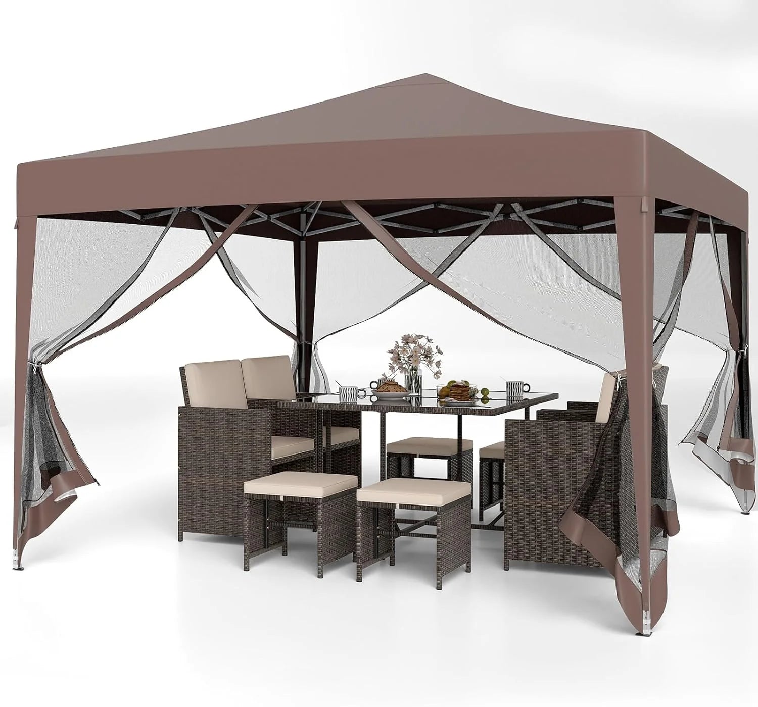 Goplus 10 FT x 10 FT Pop-Up Canopy Tent, Easy Setup Instant Folding Shelter w/Mesh Netting, Carry Bag, 8 Stakes & 4 Ropes, Height Adjustable Sunshade, Commercial Tent for Camping (Coffee)