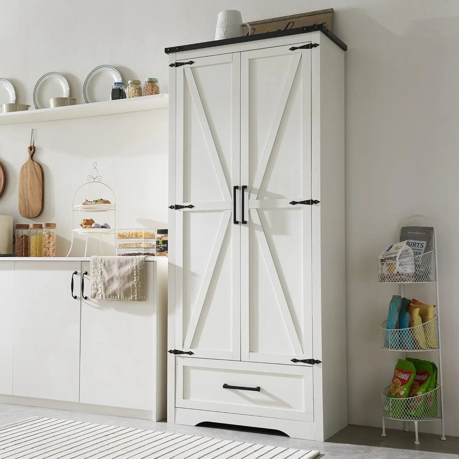JXQTLINGMU Farmhouse Kitchen Pantry - 72 Tall Wood Kitchen Storage Cabinet with Adjustable Shelves and 2 Barn-Style Doors and Drawers
