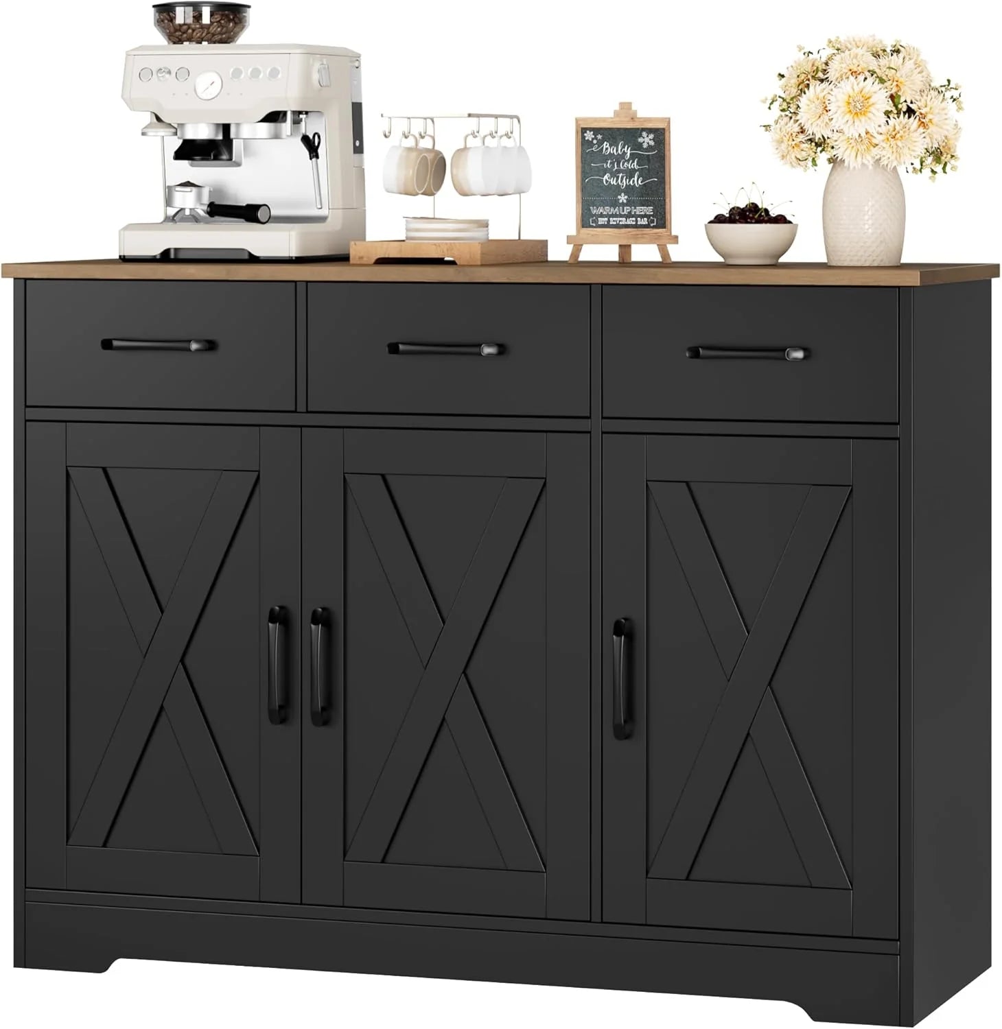 HOSTACK Modern Farmhouse Sideboard Buffet Cabinet Barn Doors Buffet Storage Cabinet with Drawers