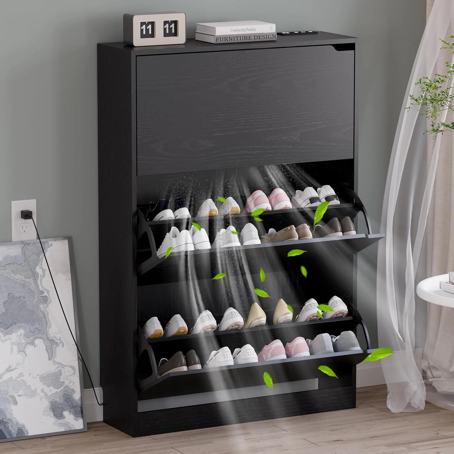Shoe Cabinet with 3 Flip Drawers Hidden Wood Shoe Cabinet Freestanding Shoe Storage Cabinet