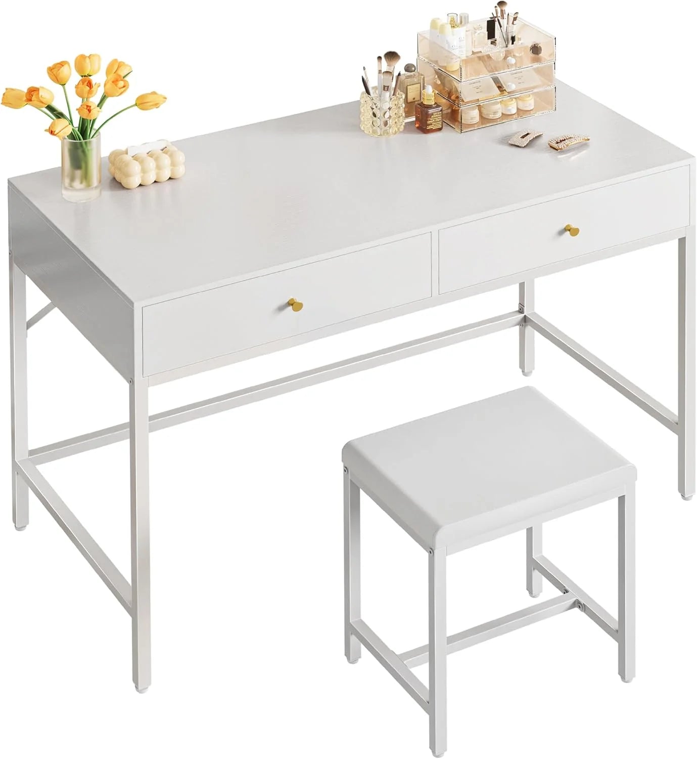 SUPERJARE 35.4 White and Gold Desk with 2 Drawers, Modern Makeup Vanity