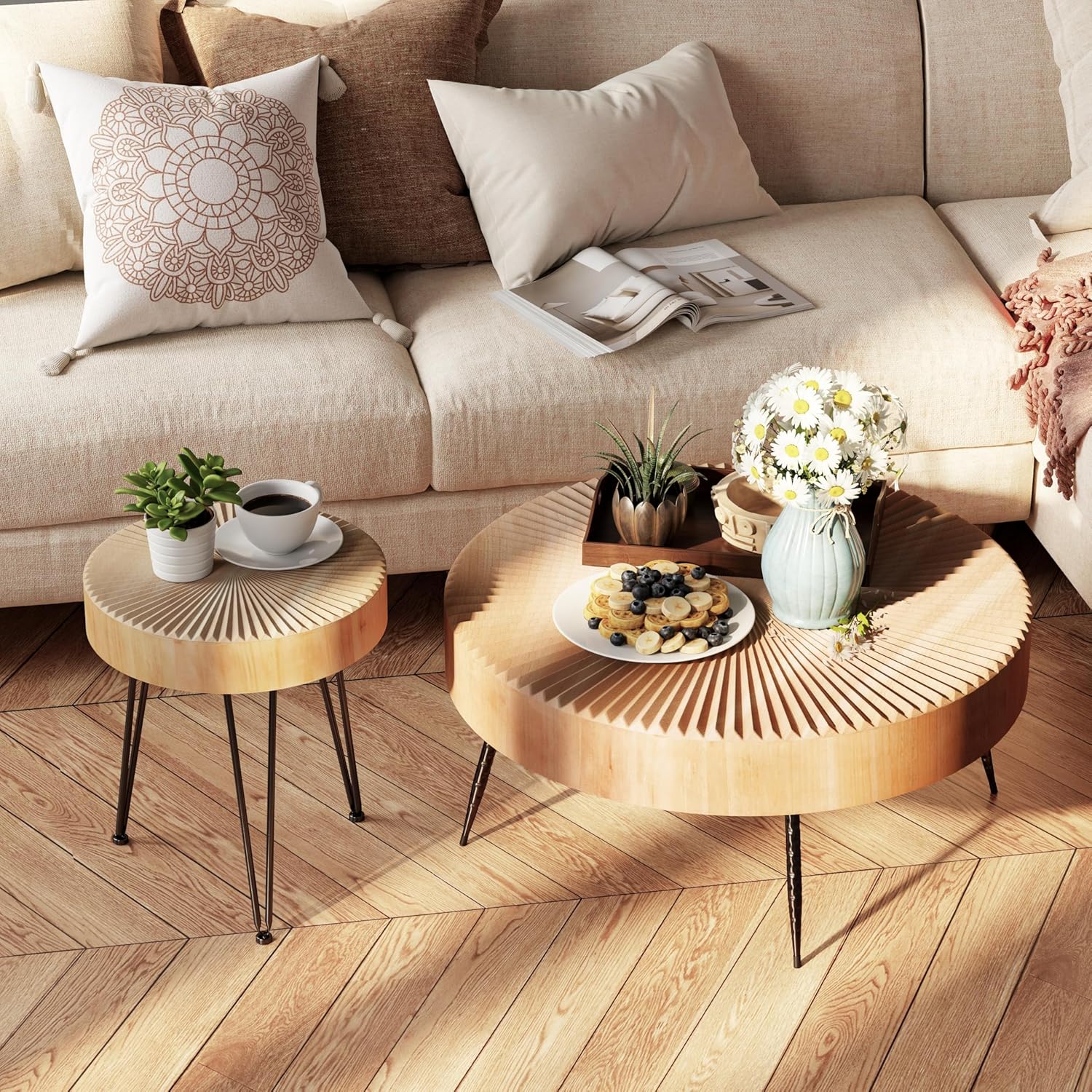 Two-Piece Modern Farmhouse Living Room Coffee Table Set Round Nesting Tables